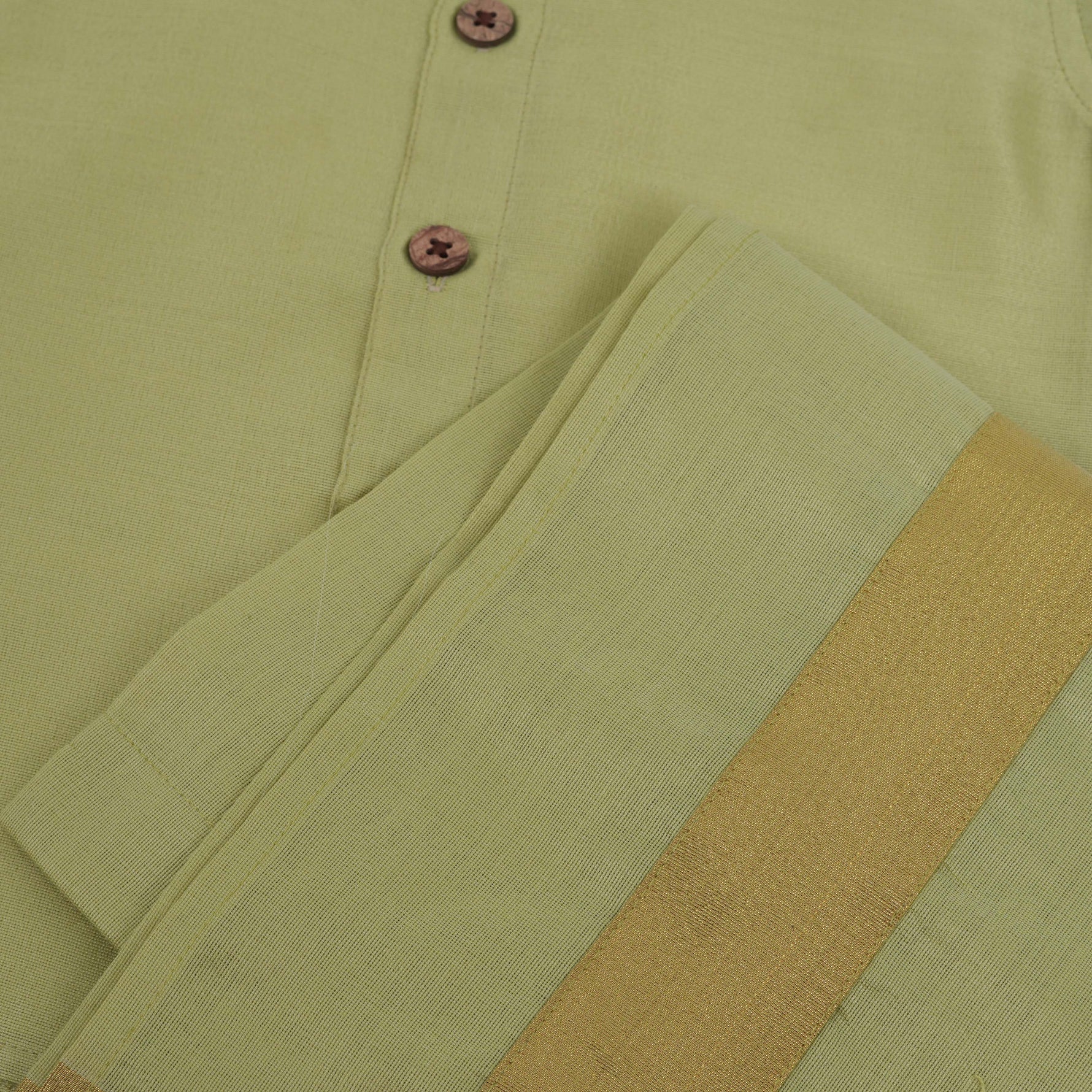 Green silk dhoti set with golden zari border for boys (6M–5Y). Traditional, festive & baby-comfort friendly.