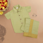 Green silk dhoti set with golden zari border for boys (6M–5Y). Traditional, festive & baby-comfort friendly.