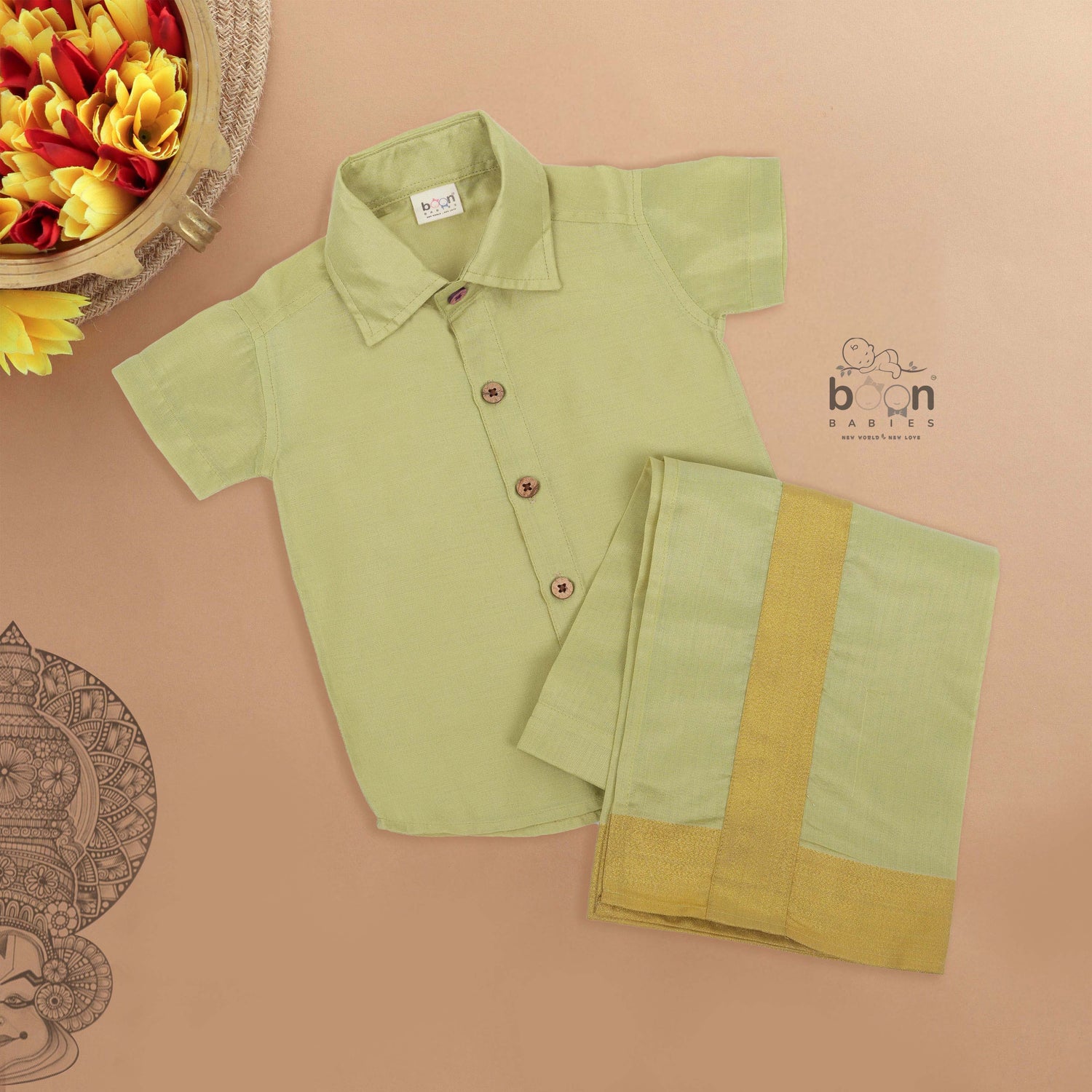 Green silk dhoti set with golden zari border for boys (6M–5Y). Traditional, festive & baby-comfort friendly.
