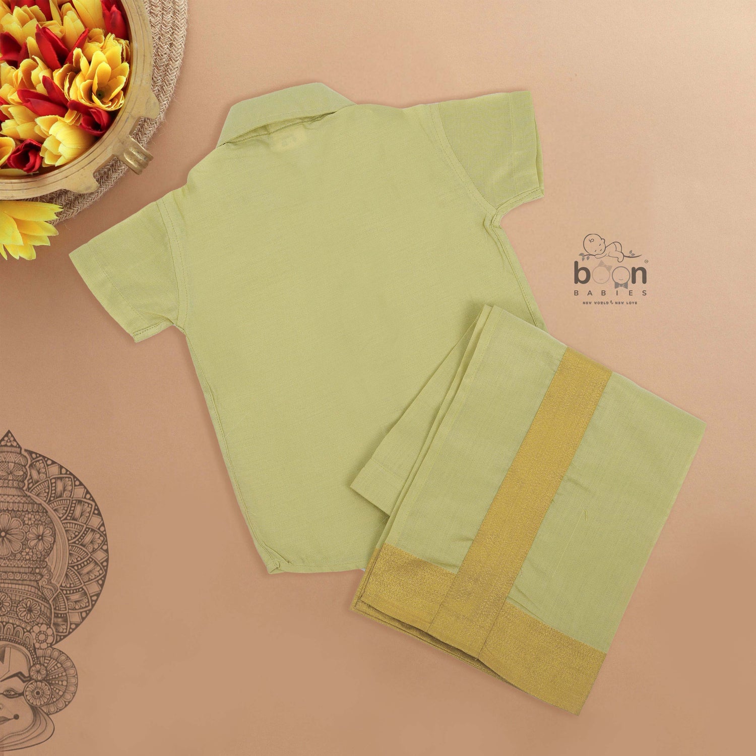Green silk dhoti set with golden zari border for boys (6M–5Y). Traditional, festive & baby-comfort friendly.