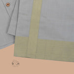 Grey silk dhoti set with golden zari border for boys (6M–5Y). Stylish, festive & comfortable for Onam and special occasions.