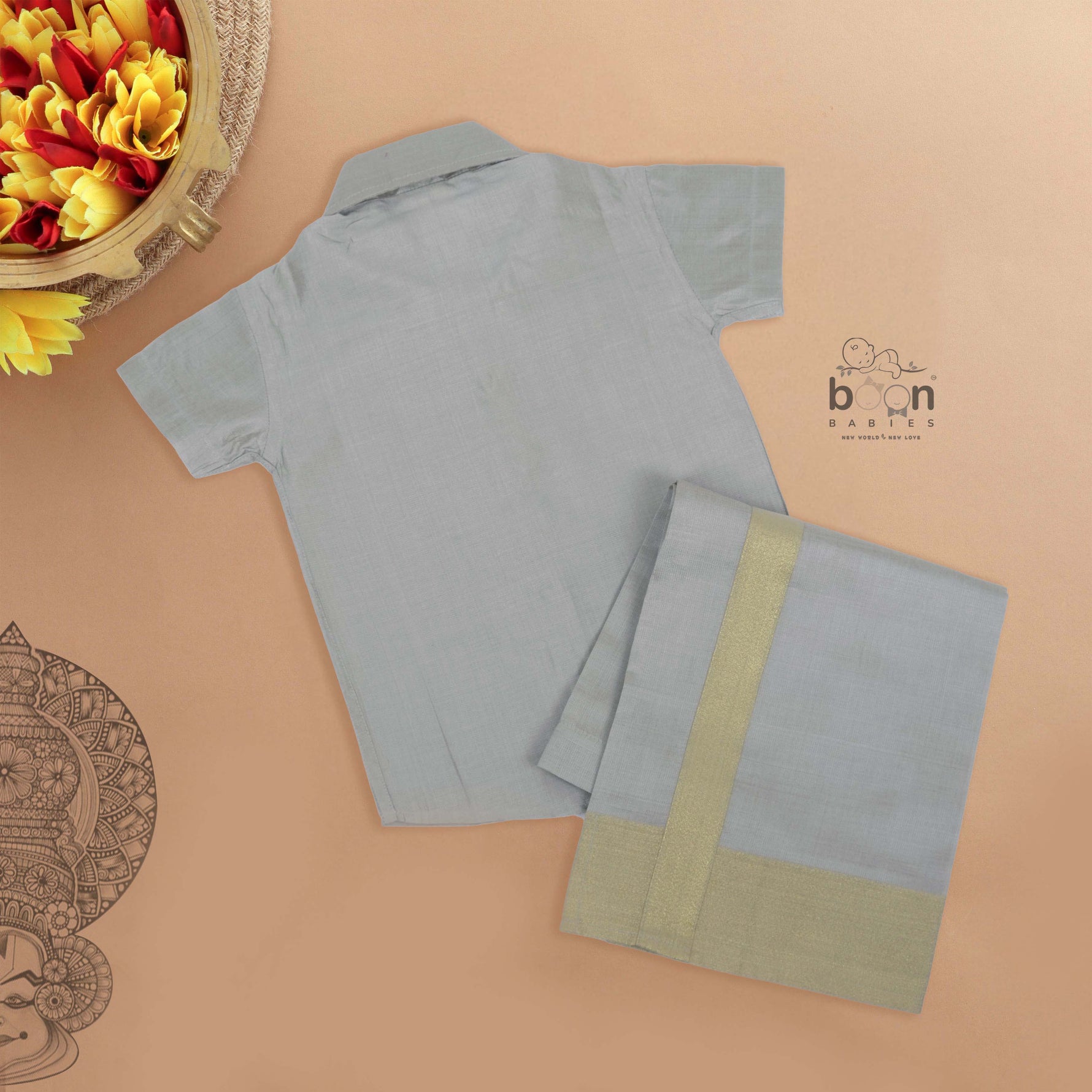 Grey silk dhoti set with golden zari border for boys (6M–5Y). Stylish, festive & comfortable for Onam and special occasions.