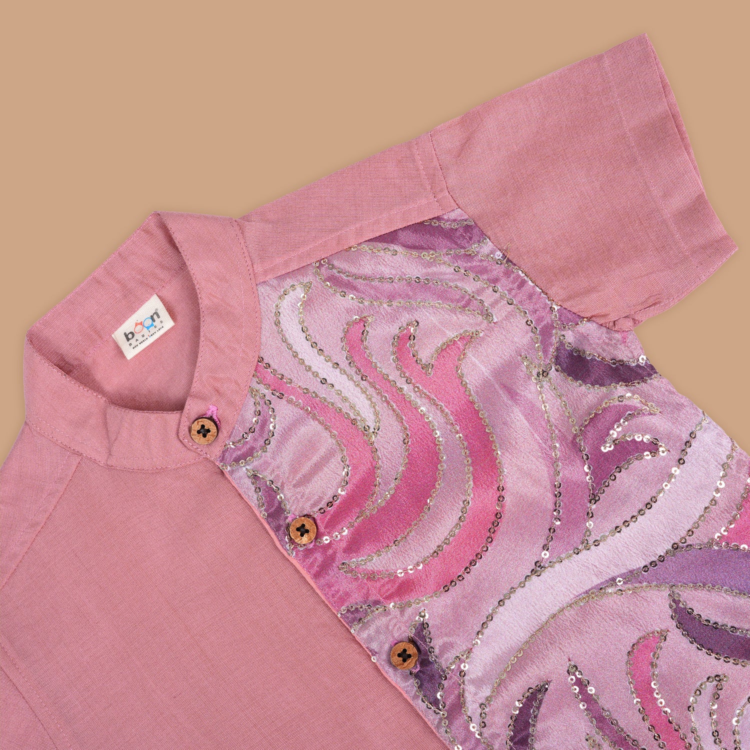 Elegant Pink Boys Ethnic Silk Shirt & Dhoti with Sequin Embellished Panel Boon Babies