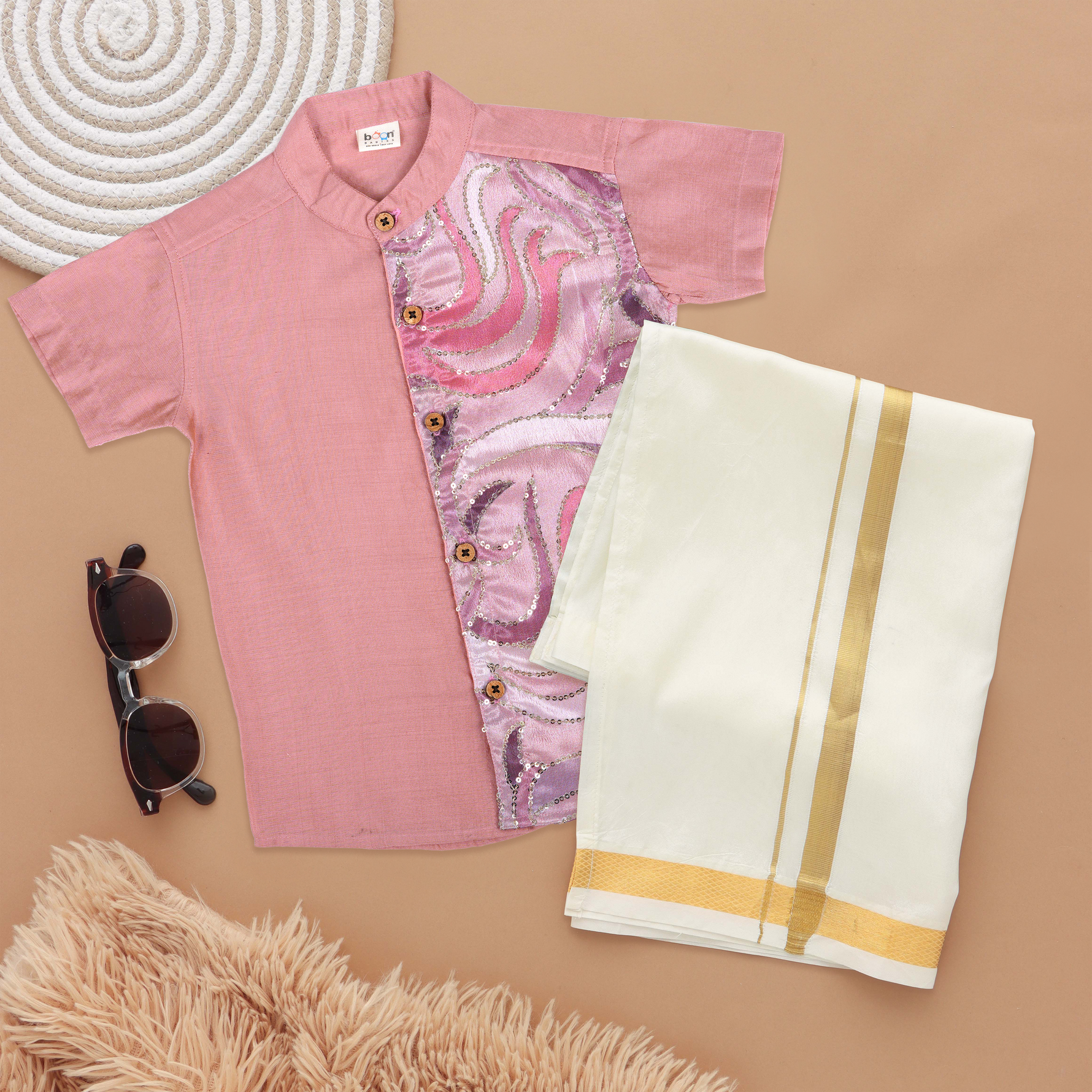 Elegant Pink Boys Ethnic Silk Shirt & Dhoti with Sequin Embellished Panel Boon Babies