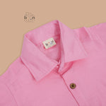 Pink silk dhoti set with golden zari border for boys (6M–5Y). Festive, traditional & baby-comfort friendly.