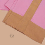 Pink silk dhoti set with golden zari border for boys (6M–5Y). Festive, traditional & baby-comfort friendly.
