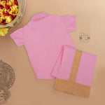 Pink silk dhoti set with golden zari border for boys (6M–5Y). Festive, traditional & baby-comfort friendly.