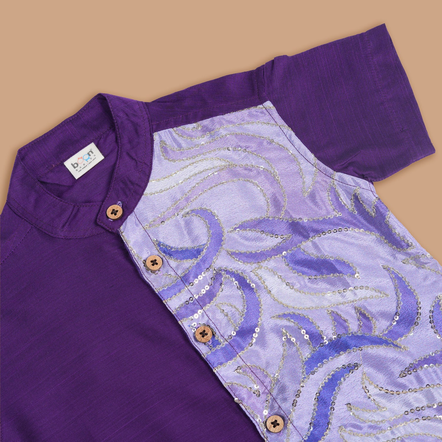 Royal Purple Boys Ethnic Silk Shirt with Dhoti Sequined Abstract Panel Boon Babies