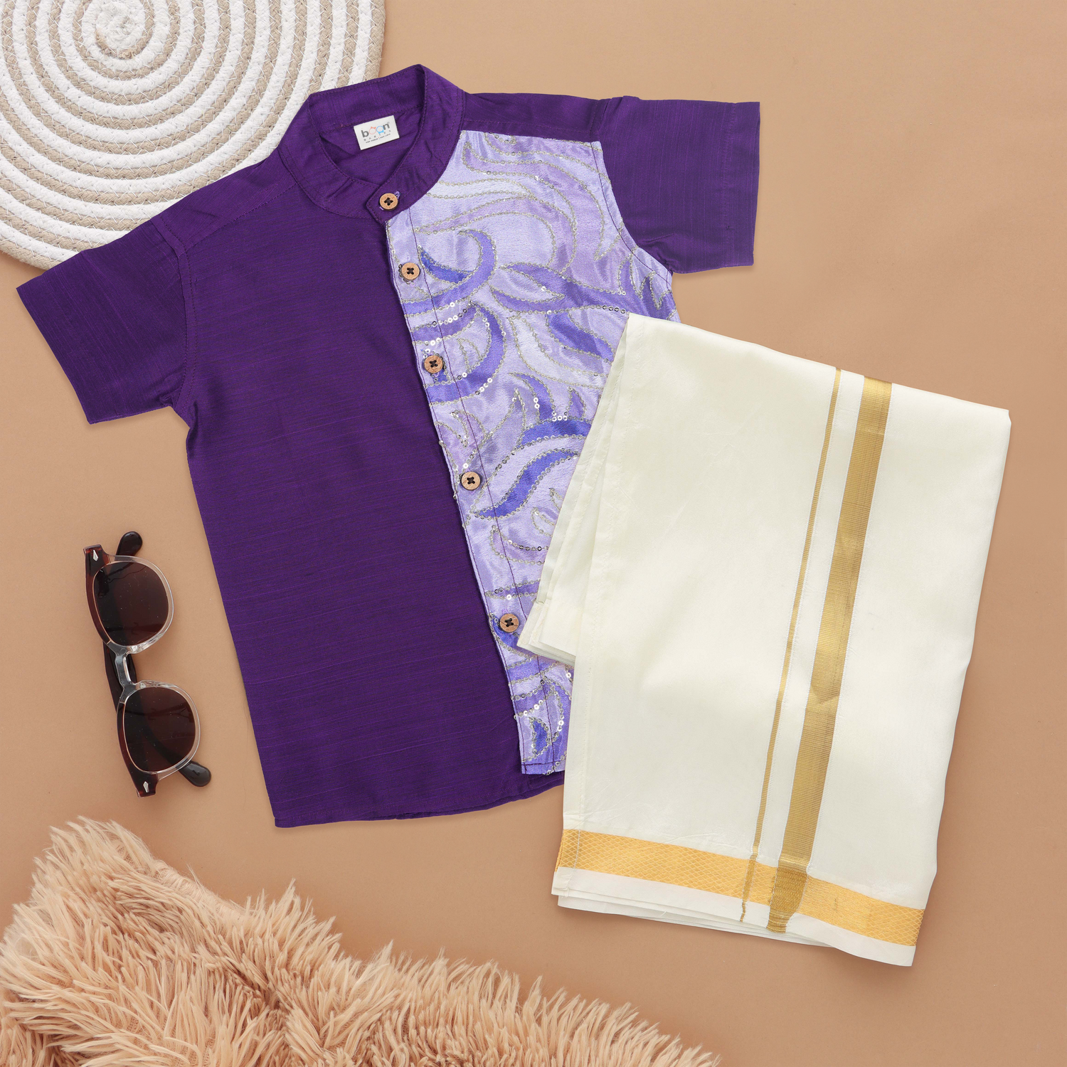 Royal Purple Boys Ethnic Silk Shirt with Dhoti Sequined Abstract Panel Boon Babies