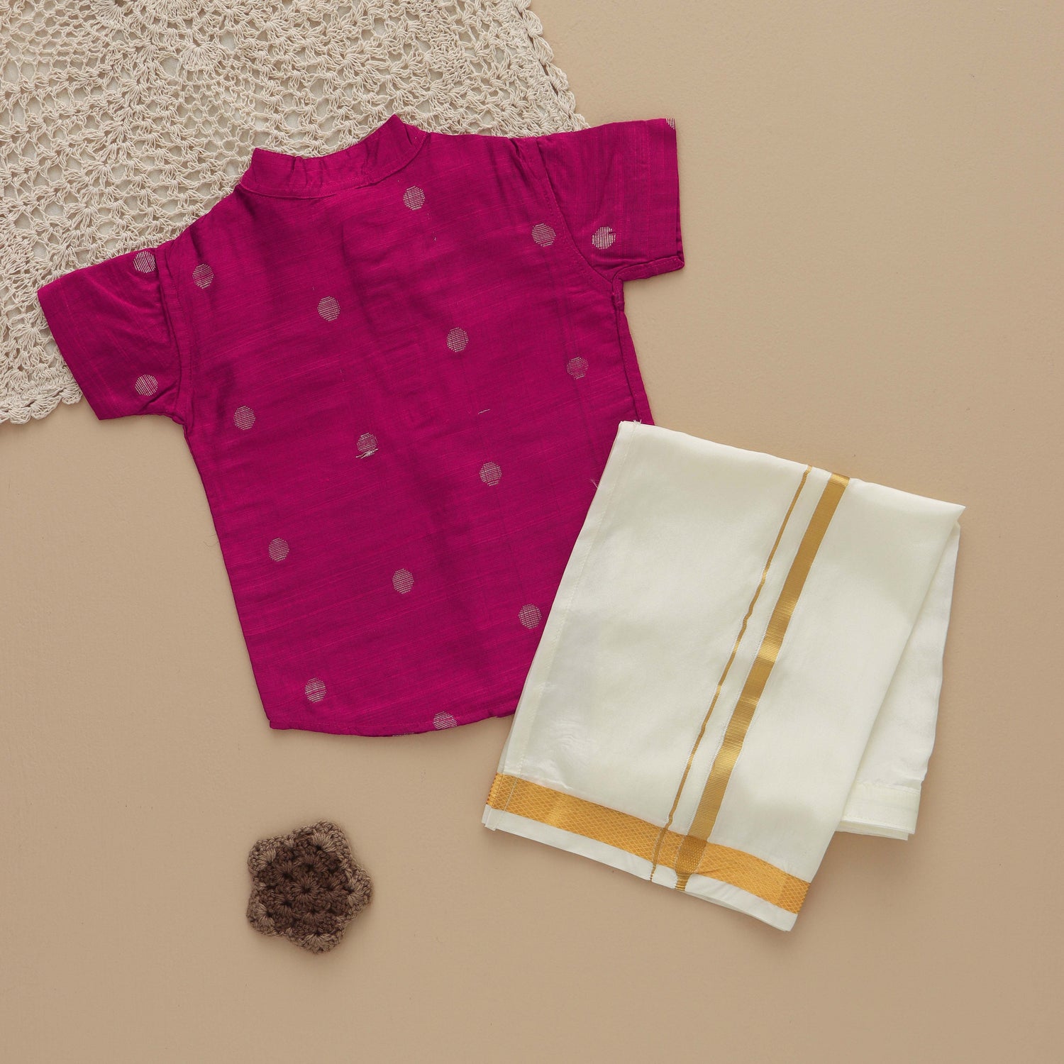Vibrant Rani PInk Boys' Ethnic Shirt with Golden Zari Dhoti Set Boon Babies