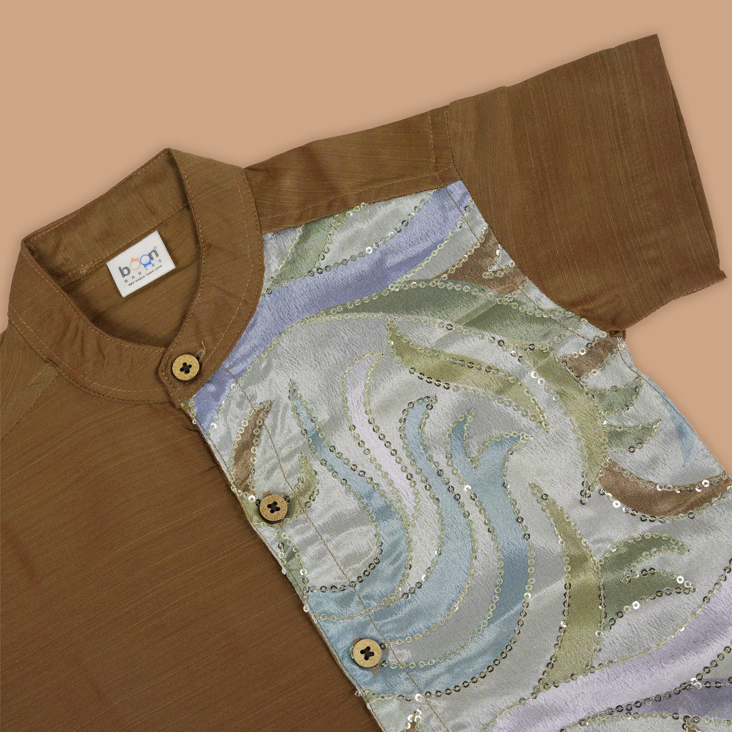 Elegant Brown Boys Ethnic Silk Shirt & Dhoti with Sequined Side Panel Boon Babies