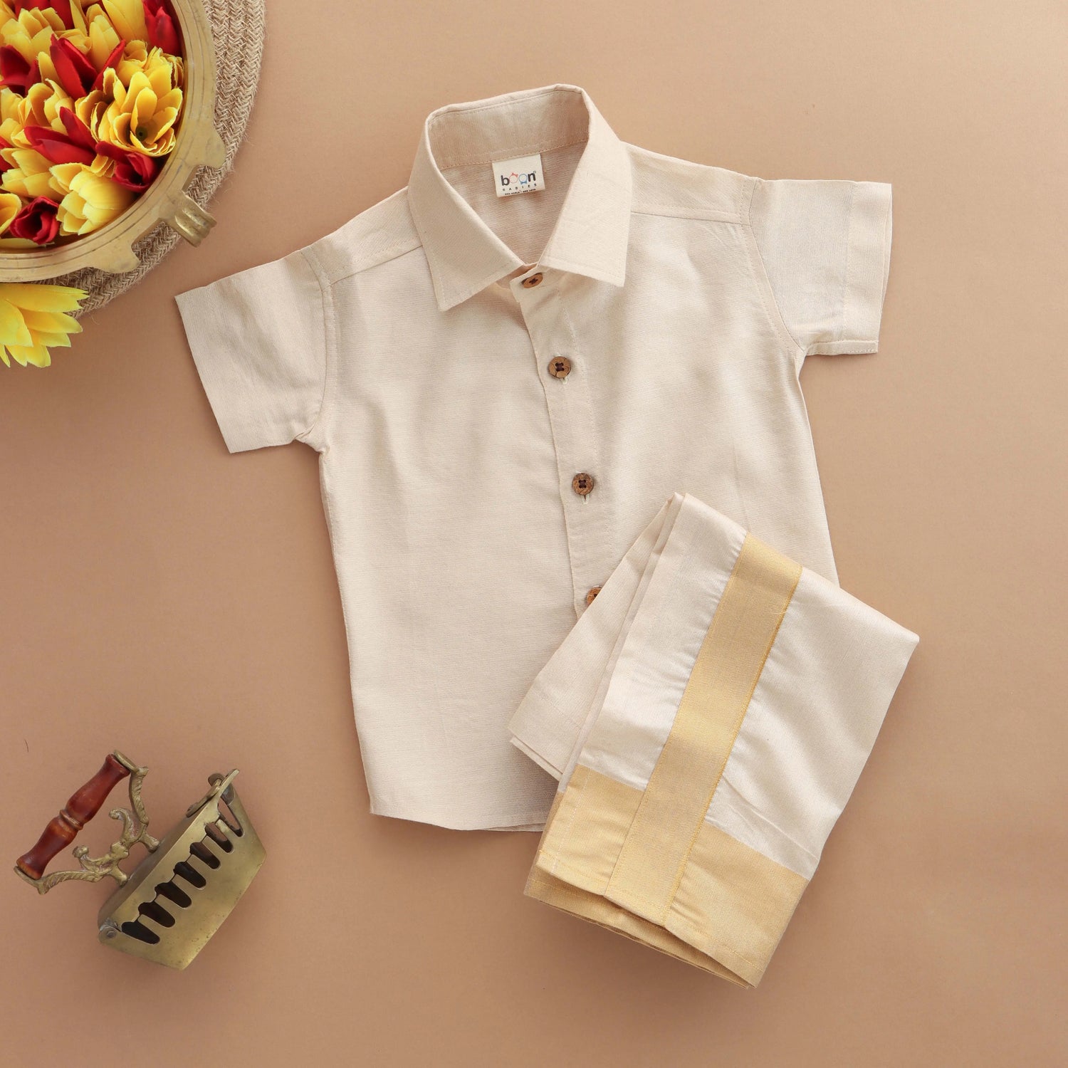 Golden Aura: Elegant Boys Shirt and Dhoti Ensemble Boon Babies