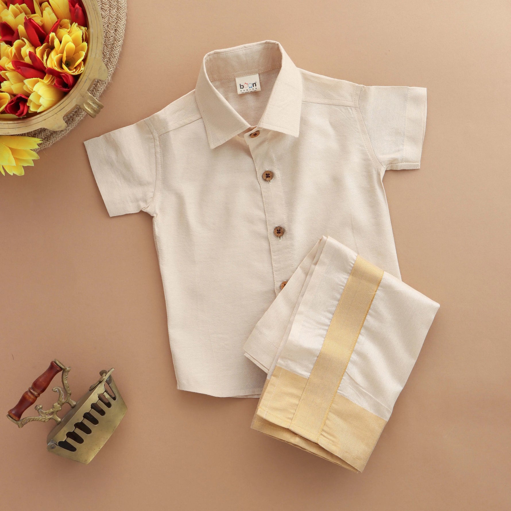 Golden Aura: Elegant Boys Shirt and Dhoti Ensemble Boon Babies