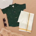 Green silk shirt with Mandarin collar paired with traditional white dhoti. Ages 6M–5Y. Perfect festive & wedding wear from Boon Babies.
