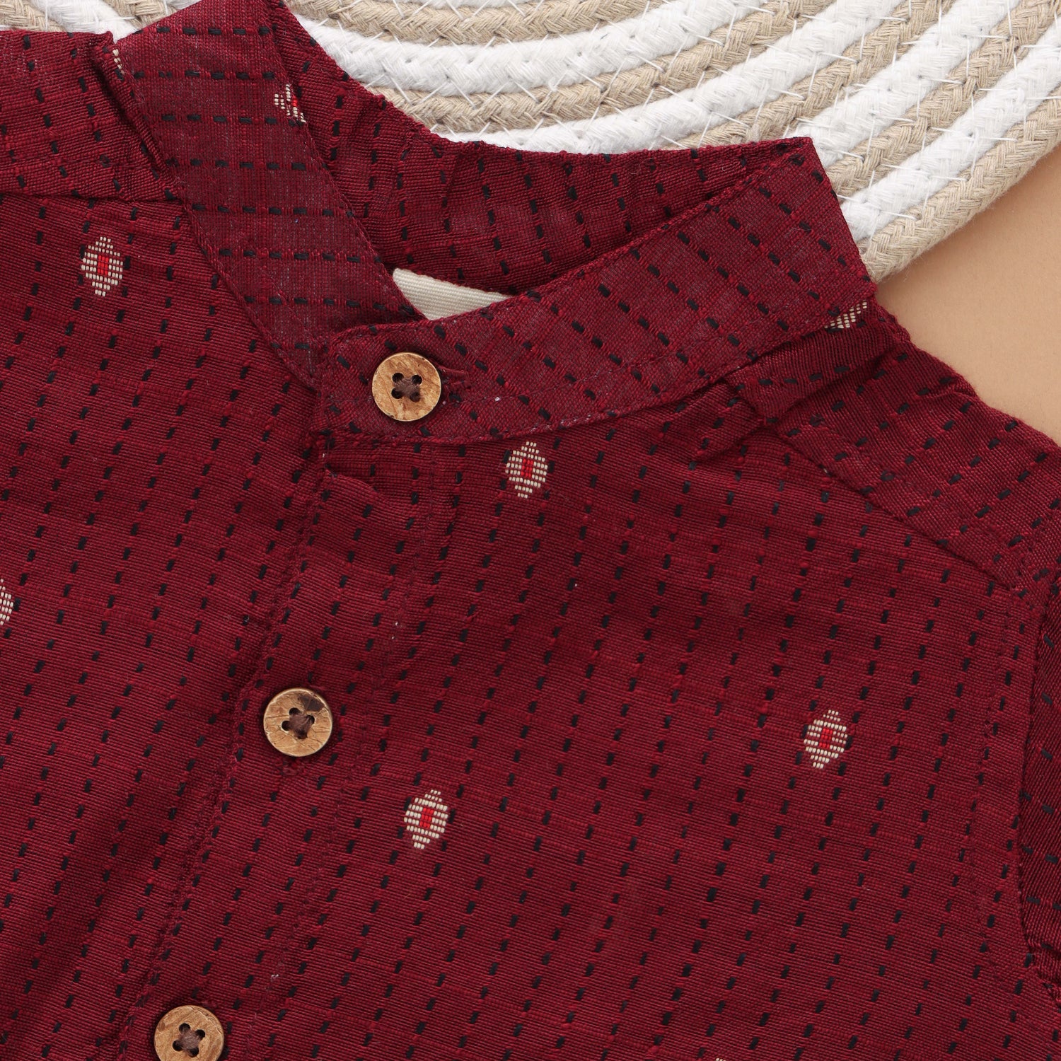 Maroon silk shirt with Mandarin collar paired with white silk dhoti. Ages 6M–5Y. Perfect ethnic festive & wedding wear for boys.
