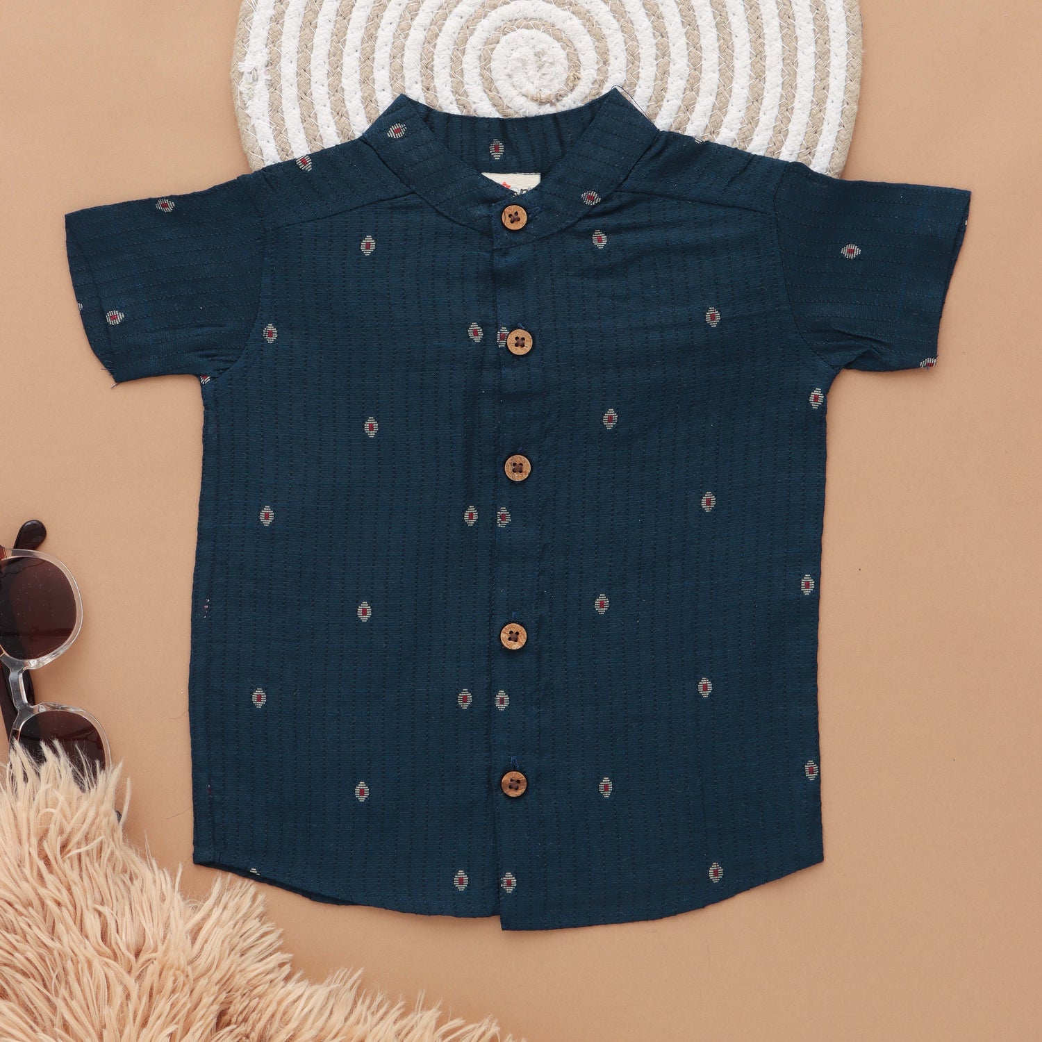 Traditional silk shirt & dhoti set for boys with Mandarin collar. Ages 6M–5Y. Perfect festive & wedding wear from Boon Babies.
