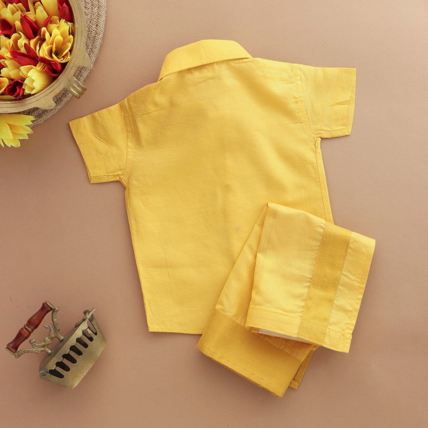 Bright Aura: Boys Ethnic Dhoti and Shirt Set in Glowing Yellow Boon Babies