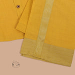 Traditional silk dhoti set in mustard yellow with golden zari border for boys (6M–5Y). Perfect festive wear for Onam & temple visits.