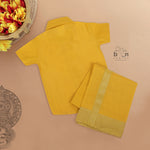 Traditional silk dhoti set in mustard yellow with golden zari border for boys (6M–5Y). Perfect festive wear for Onam & temple visits.