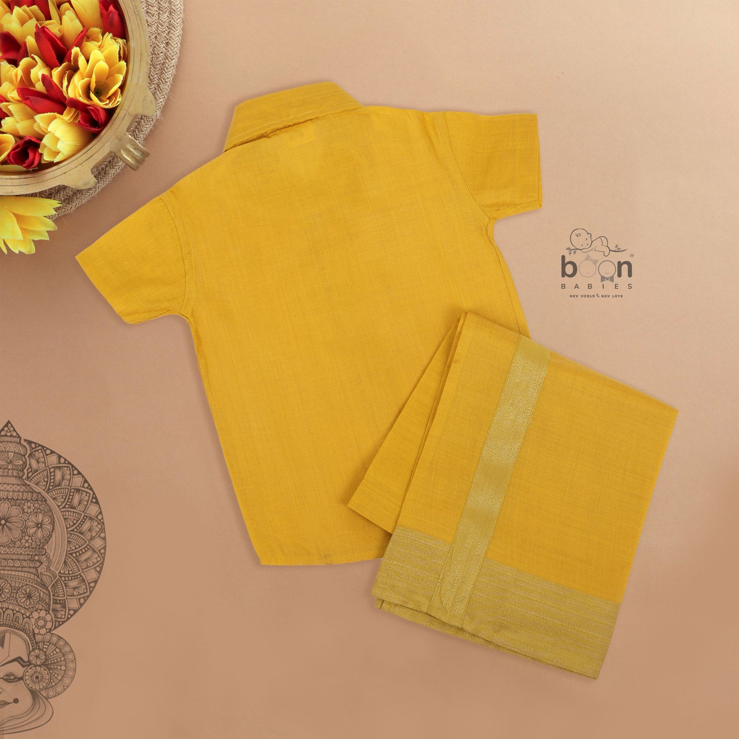Traditional silk dhoti set in mustard yellow with golden zari border for boys (6M–5Y). Perfect festive wear for Onam & temple visits.