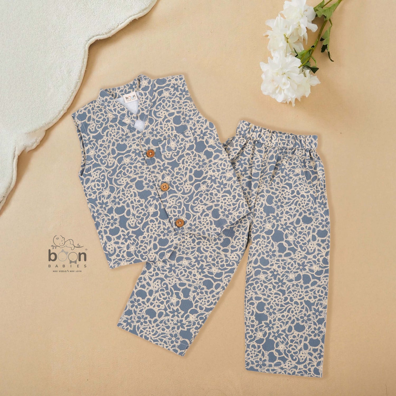 Girls Cotton Blue Printed Coat Top & Pant Set – Stylish Everyday & Festive Wear