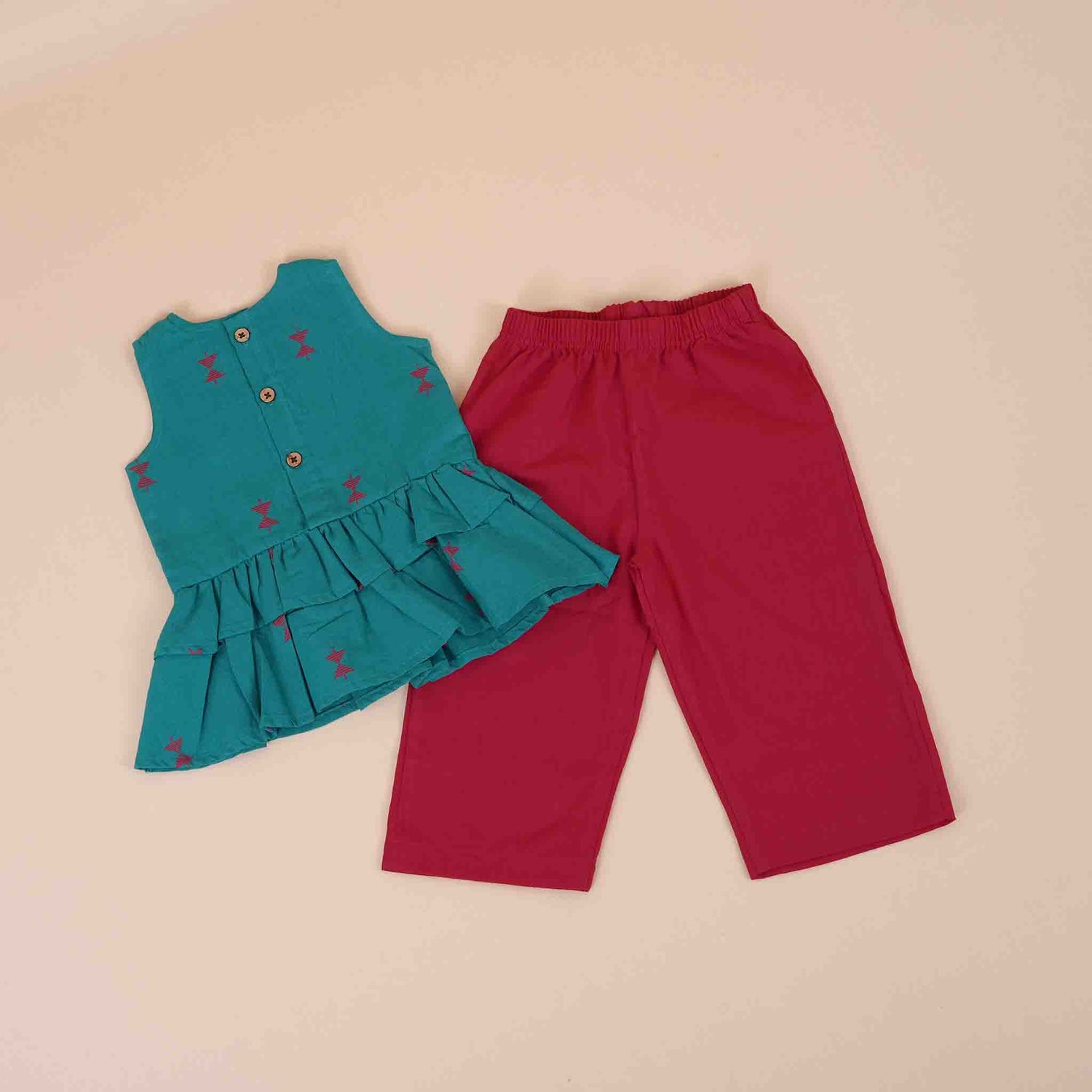 Girls Co-Ord Set (Pant) – Teal & Red Print
