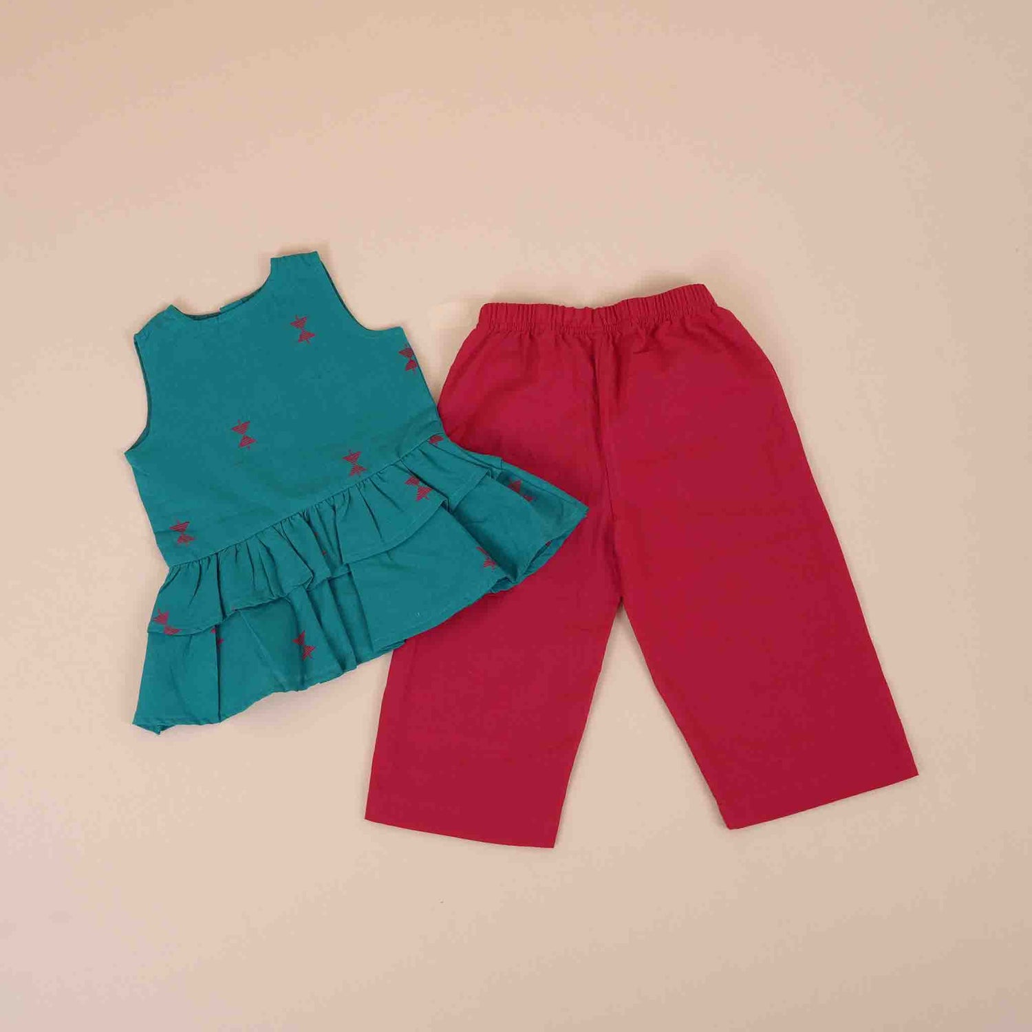 Girls Co-Ord Set (Pant) – Teal & Red Print