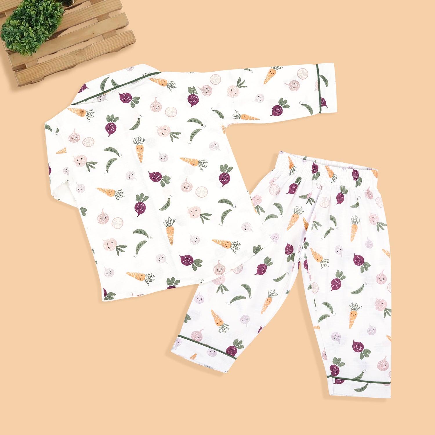 Comfortable Cotton Girls Nightwear Set – White Veggie Print