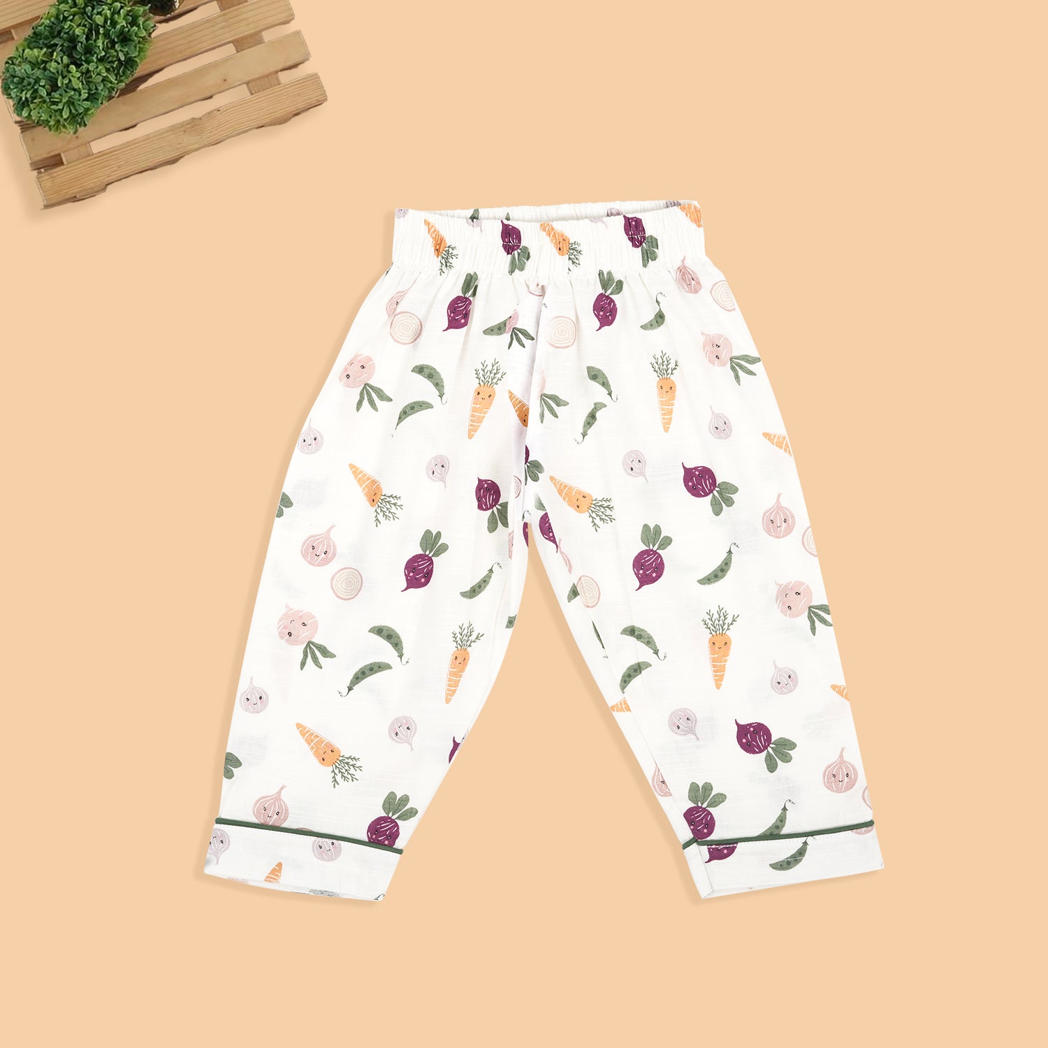 Comfortable Cotton Girls Nightwear Set – White Veggie Print