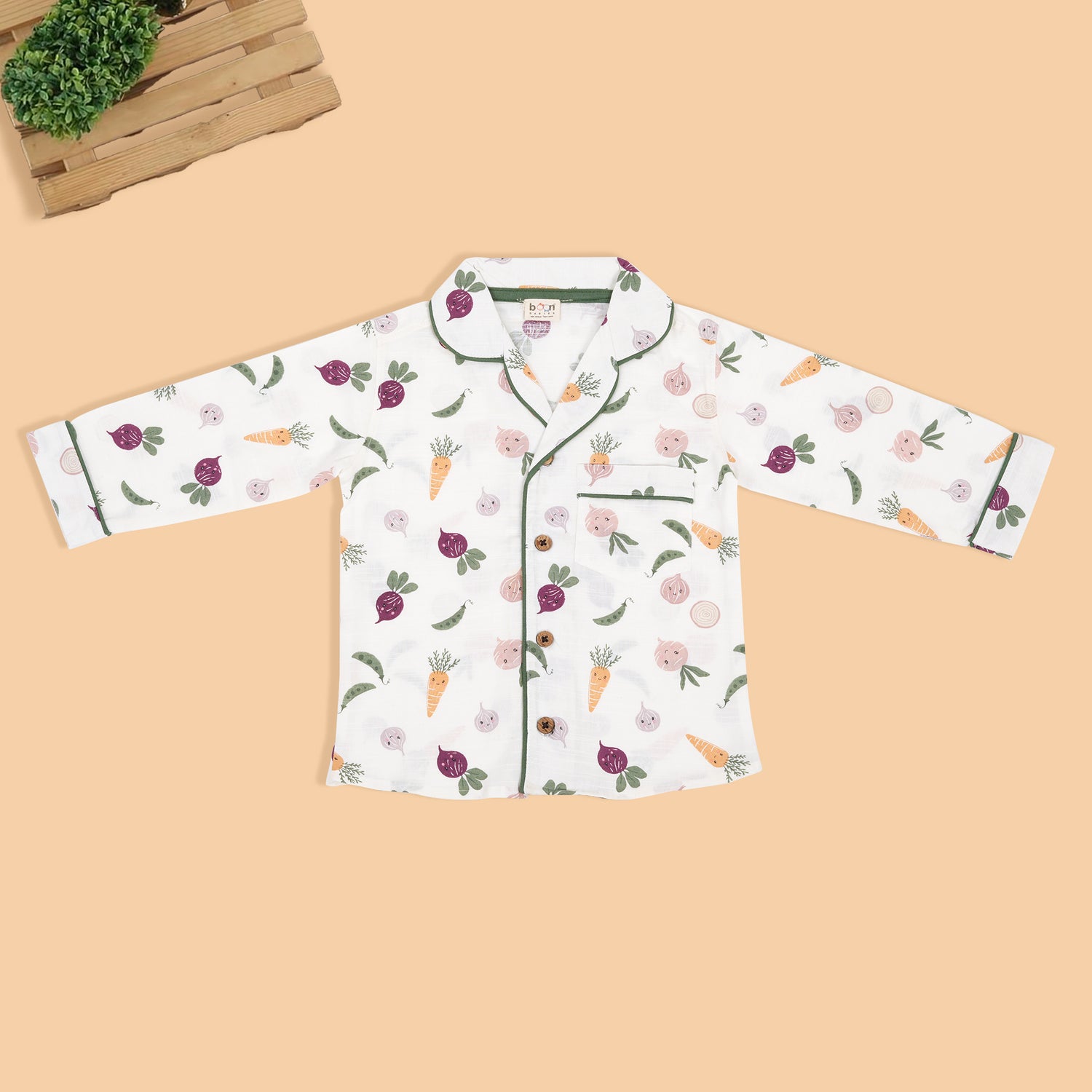 Comfortable Cotton Girls Nightwear Set – White Veggie Print