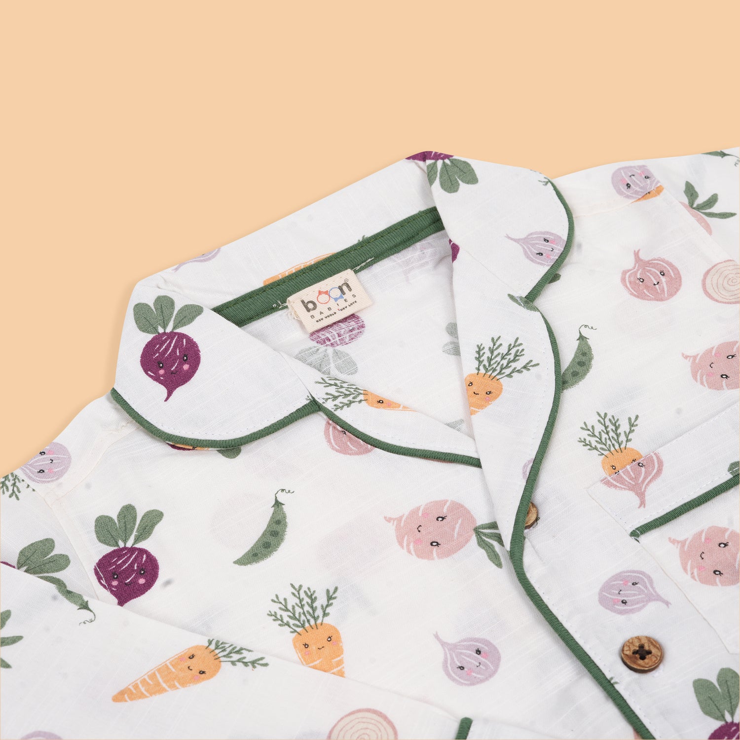 Comfortable Cotton Girls Nightwear Set – White Veggie Print