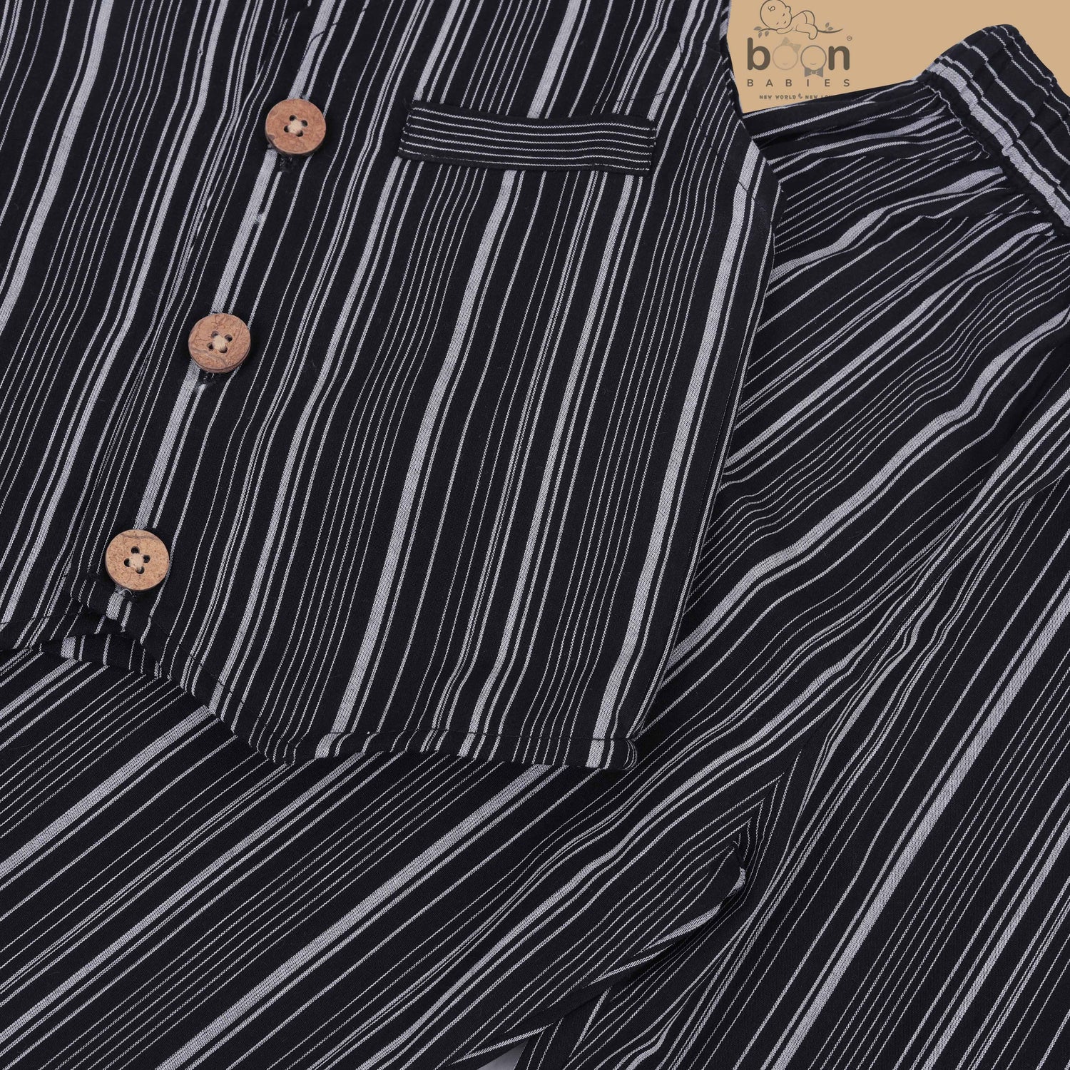 Girls Cotton Black & White Striped Coat Top & Pant Set – Trendy Everyday & Festive Wear