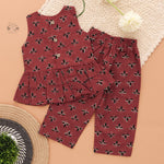 Stylish maroon floral top & pant set in slub cotton with lining. Ages 6M–4Y. A chic and comfortable festive & casual outfit.