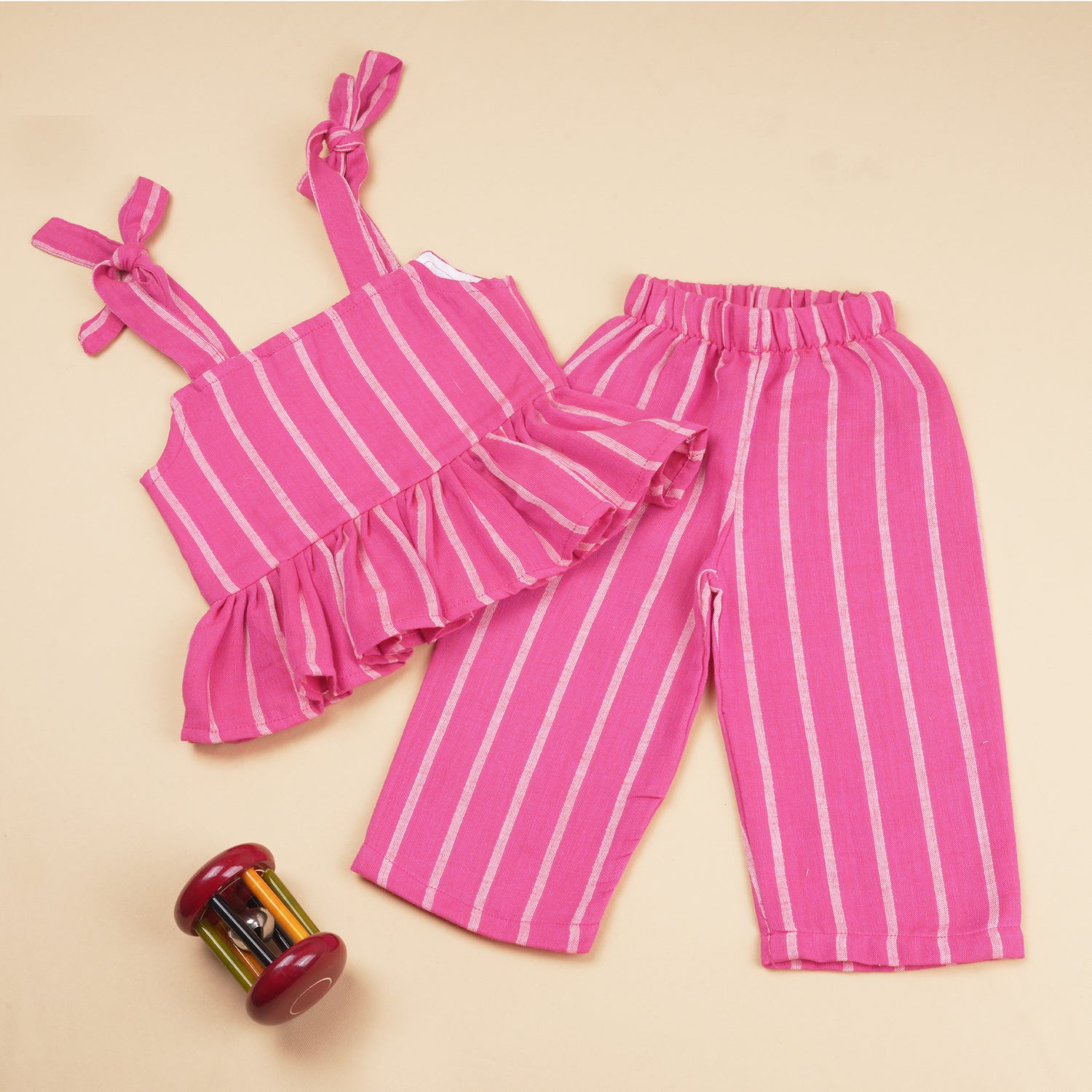 Girls Cotton Top & Pant Set – Pink Striped Casual Outdoor Wear