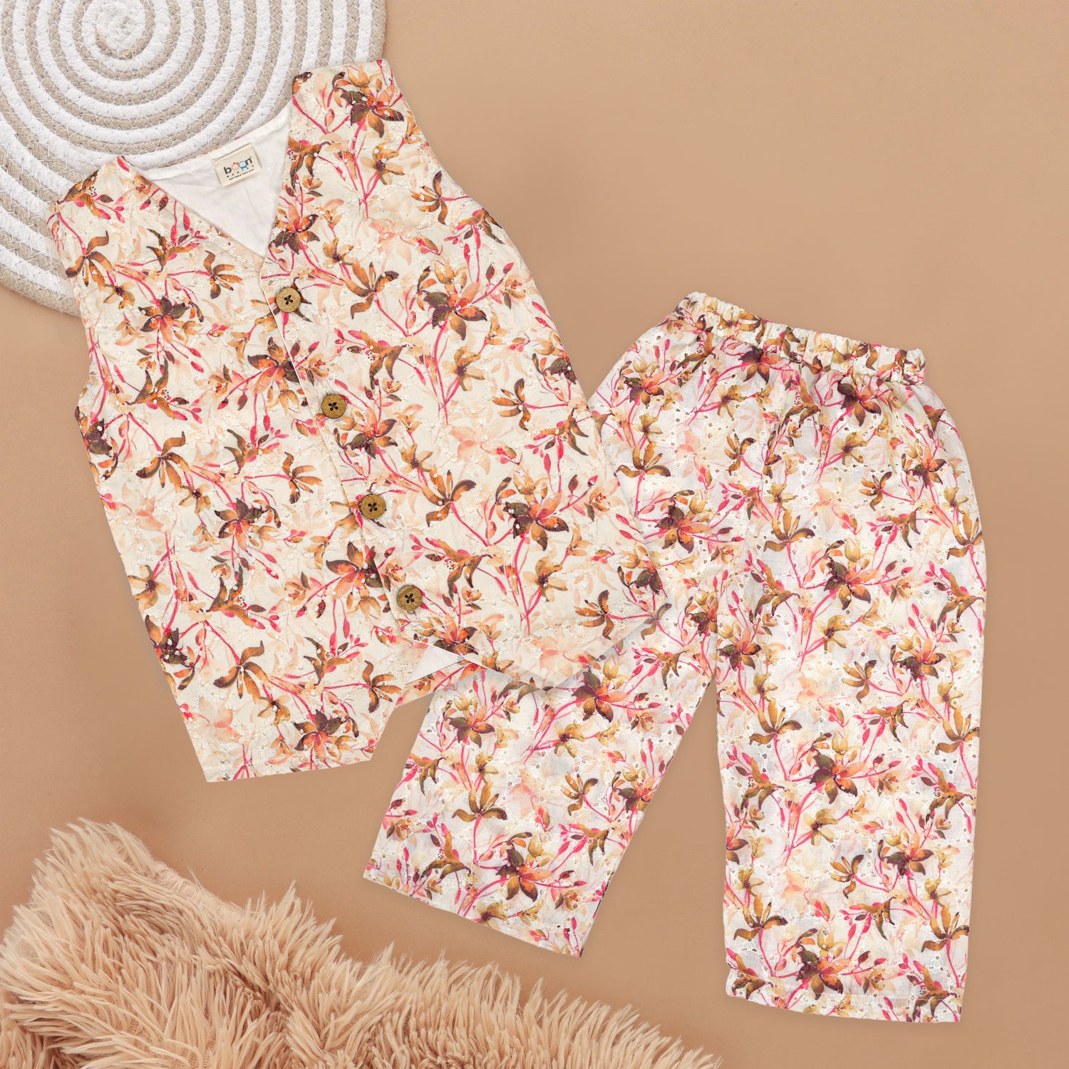 Vintage Petals Cream Hakkoba Girls' Co-Ord Set – Elegant & Breezy Boon Babies