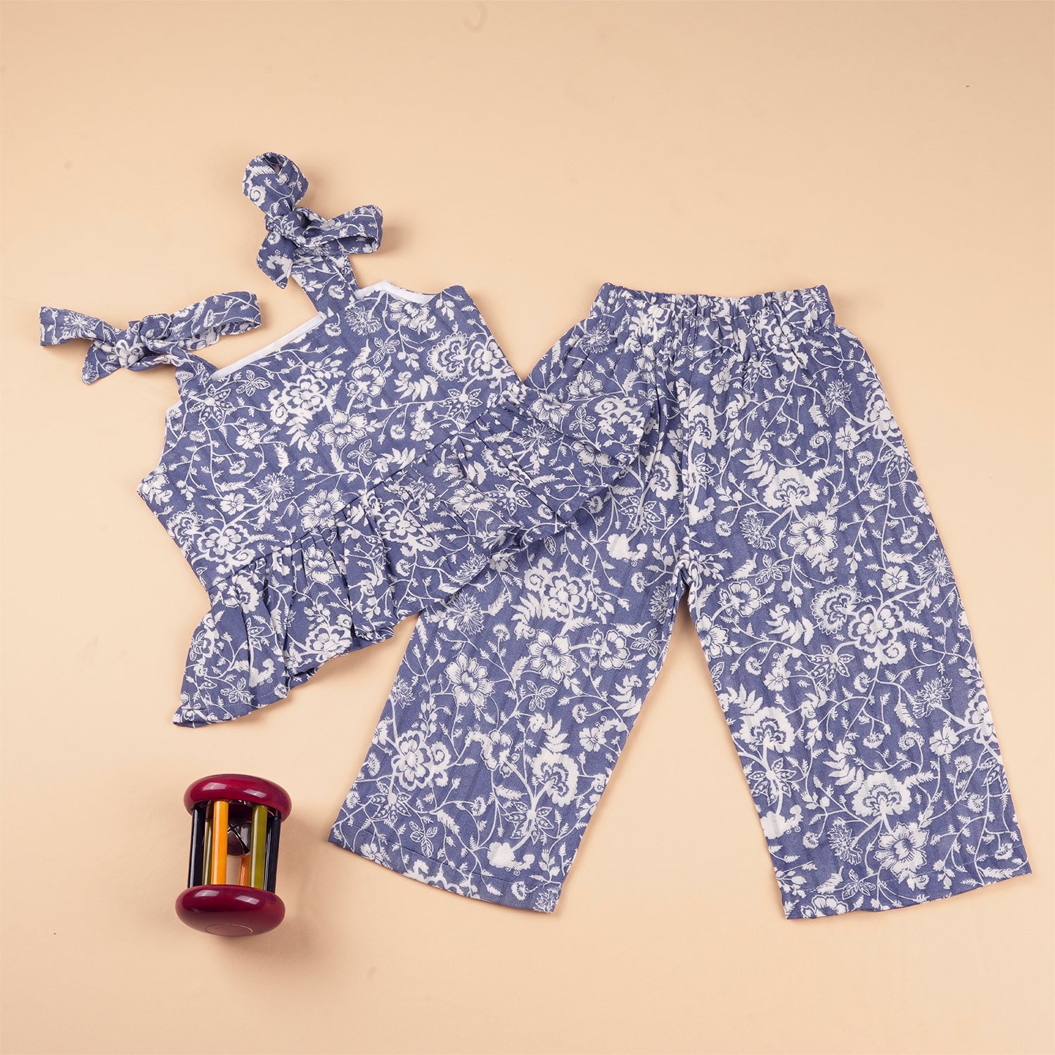Girls Cotton Top & Pant Set – Elegant Blue Floral Casual Wear
