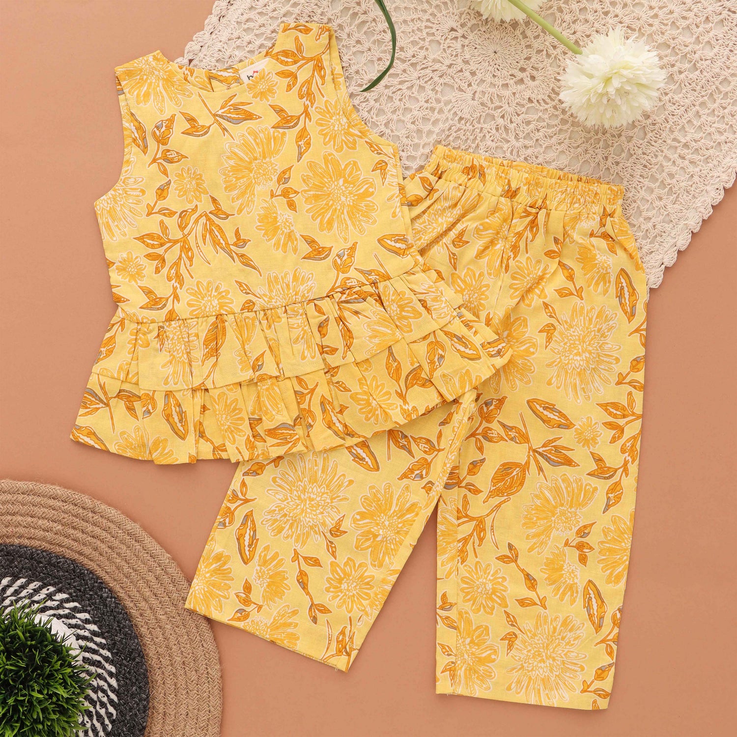 Yellow Floral Cotton Top & Pant Set with Ruffle Detail – Baby Girls