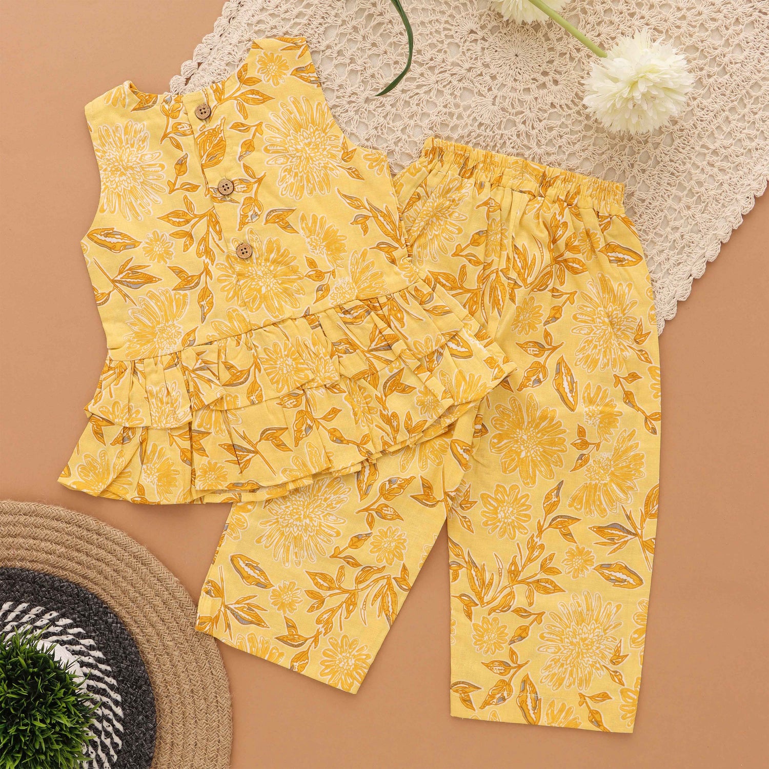 Yellow Floral Cotton Top & Pant Set with Ruffle Detail – Baby Girls