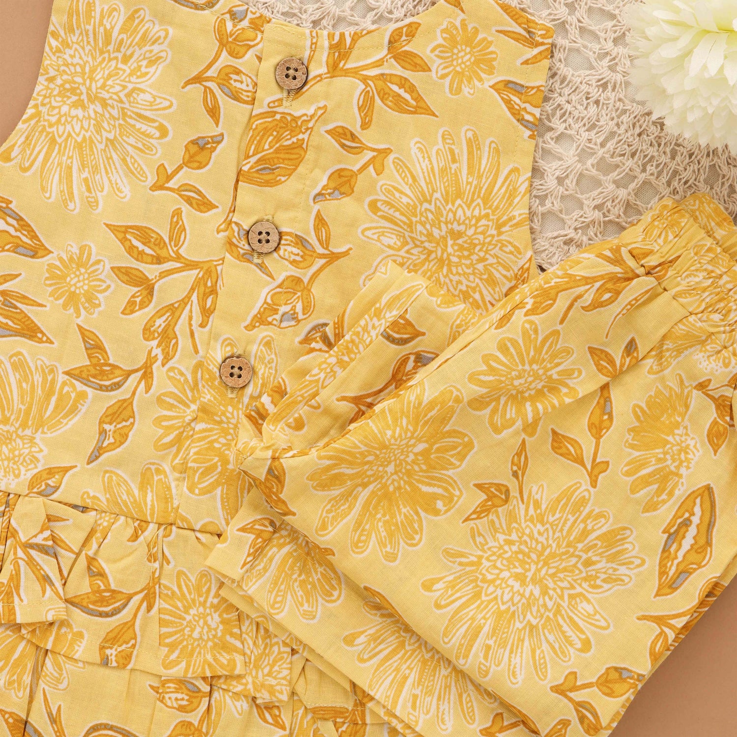 Yellow Floral Cotton Top & Pant Set with Ruffle Detail – Baby Girls