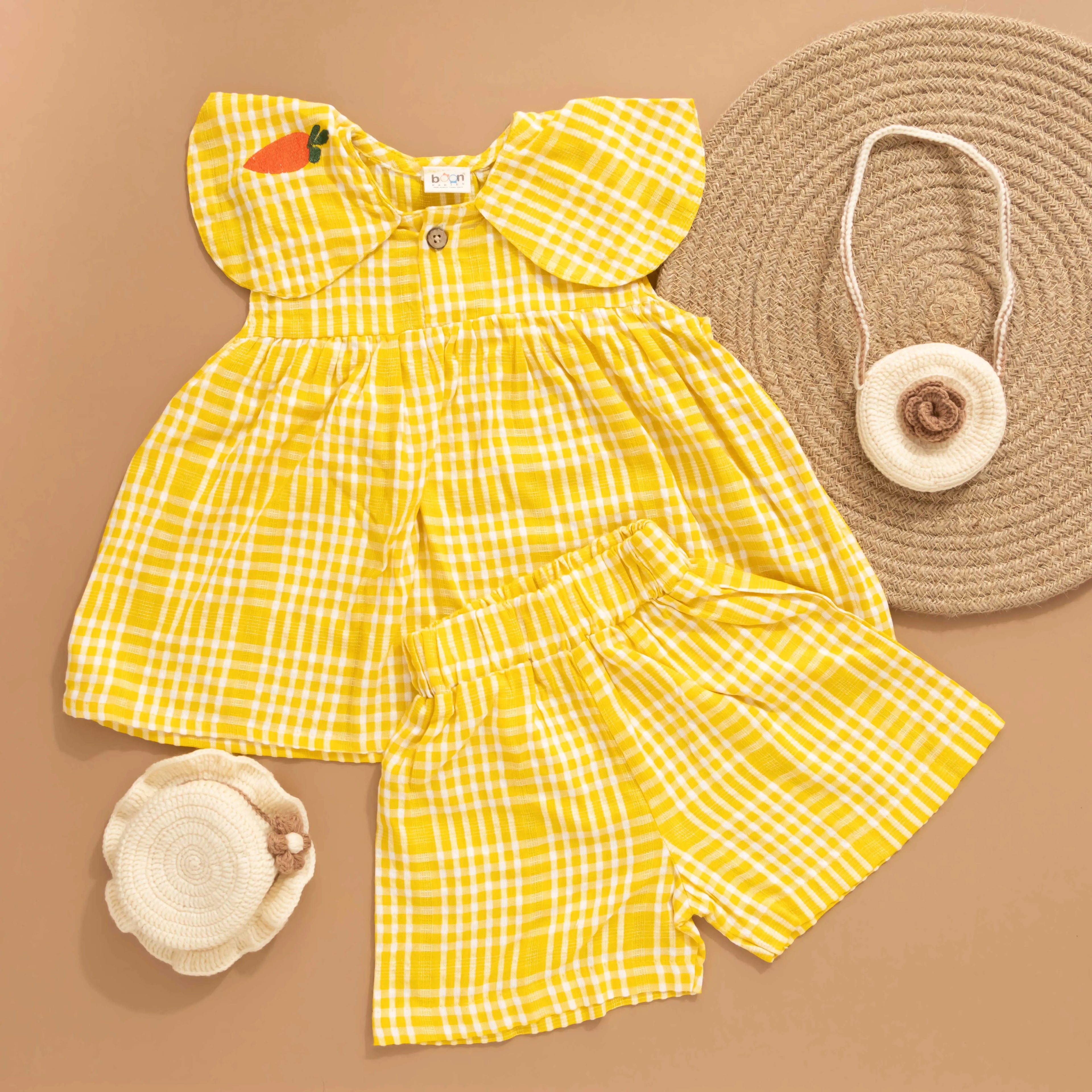 Girls Lemon Check Co-Ord Set by Boon Babies featuring yellow gingham shorts with playful lemon pattern on soft cotton fabric.