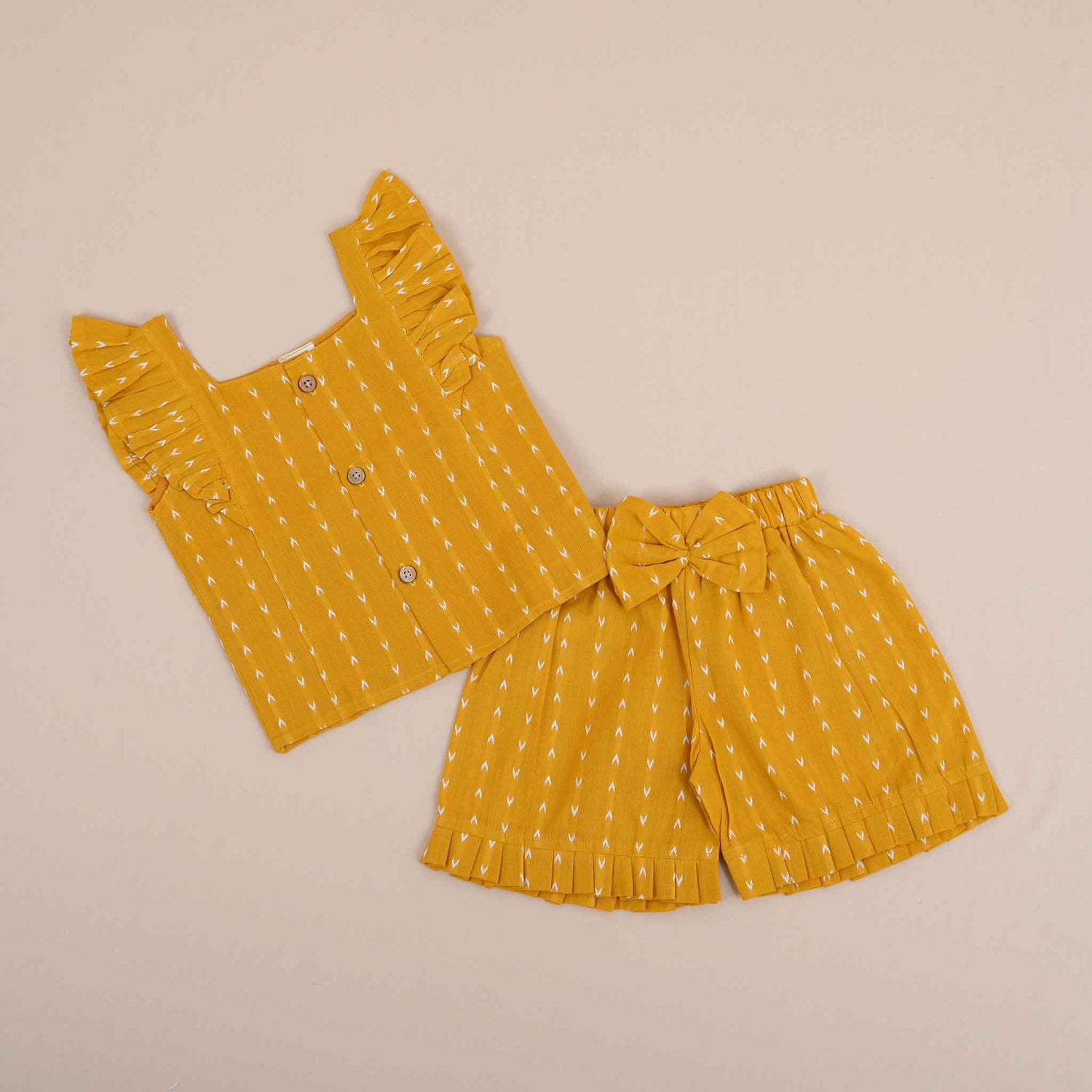 Stylish Mustard Ikat Print Girls Co-Ord Set - Comfortable Cotton Outfit