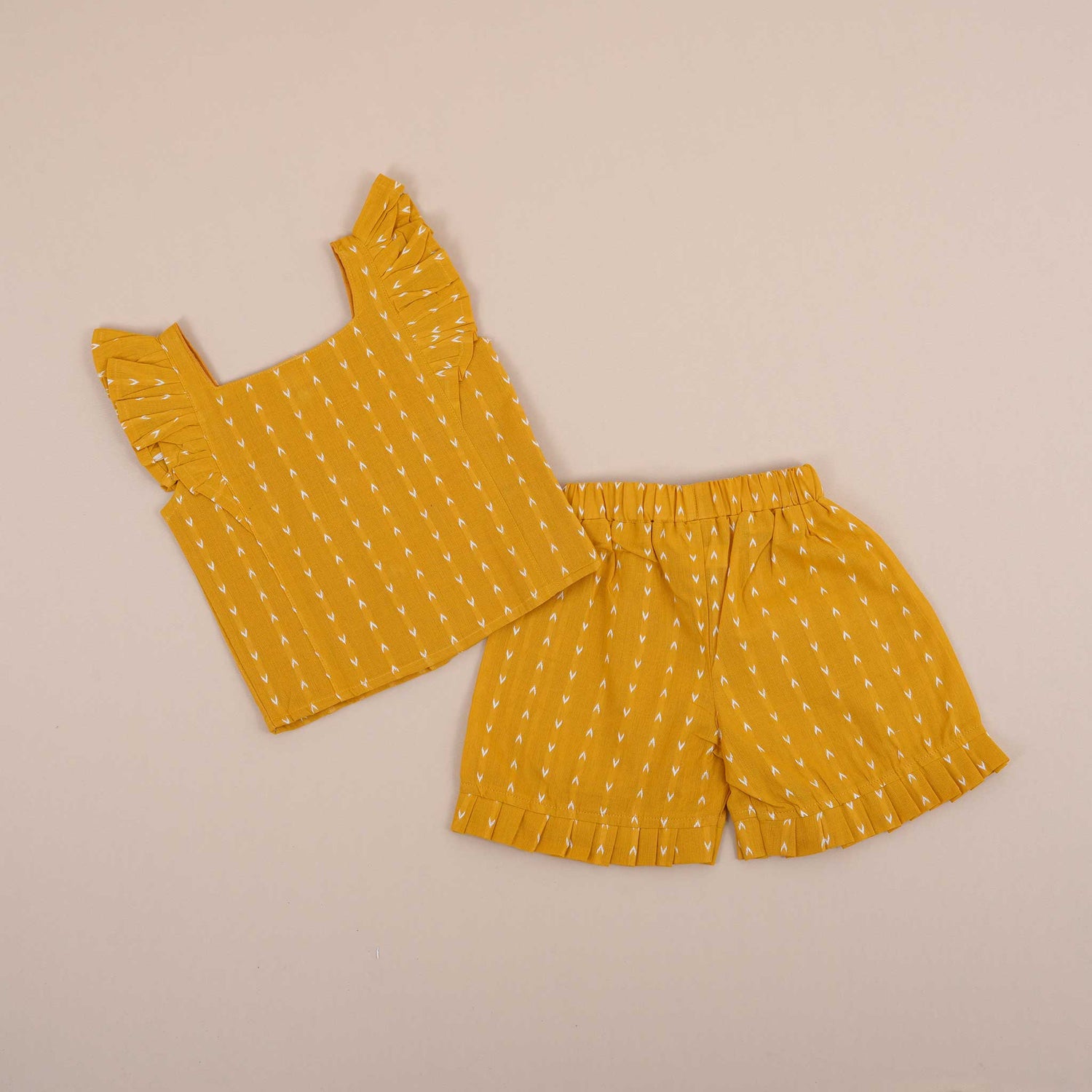 Stylish Mustard Ikat Print Girls Co-Ord Set - Comfortable Cotton Outfit