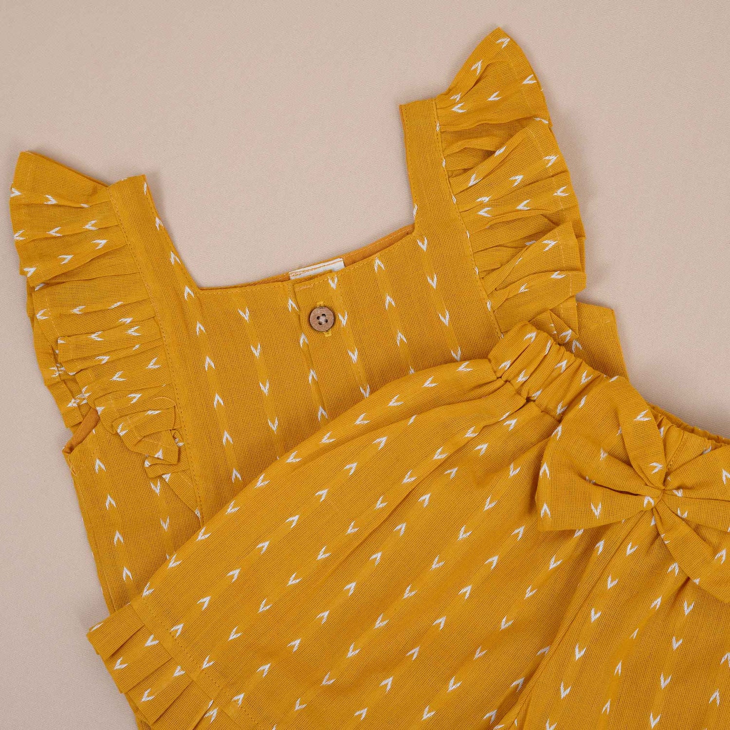 Stylish Mustard Ikat Print Girls Co-Ord Set - Comfortable Cotton Outfit