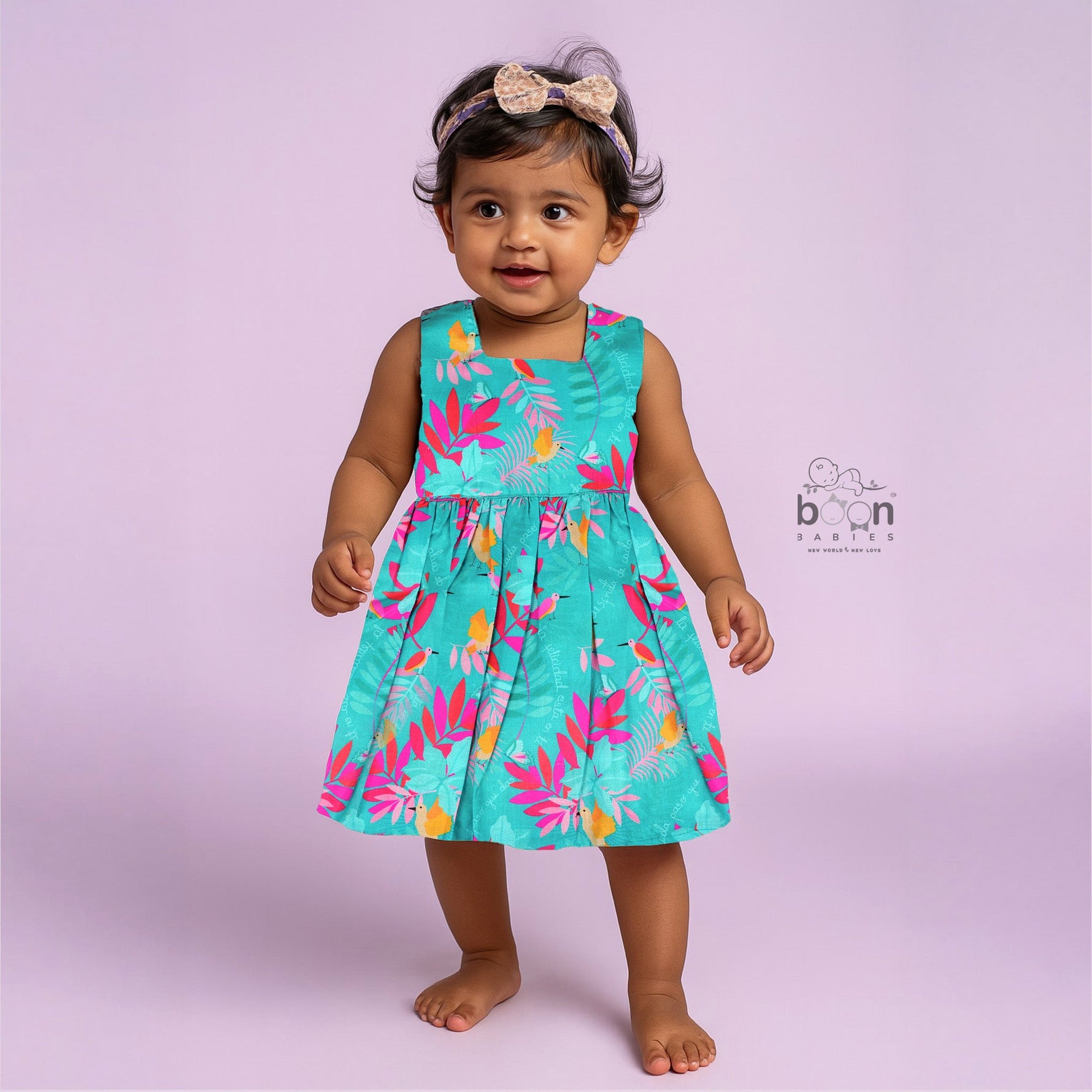 Aqua blue sleeveless frock for girls aged 1 to 4 years, made of slub cotton with colorful tropical bird and leaf print – from Boon Babies, Coimbatore.
