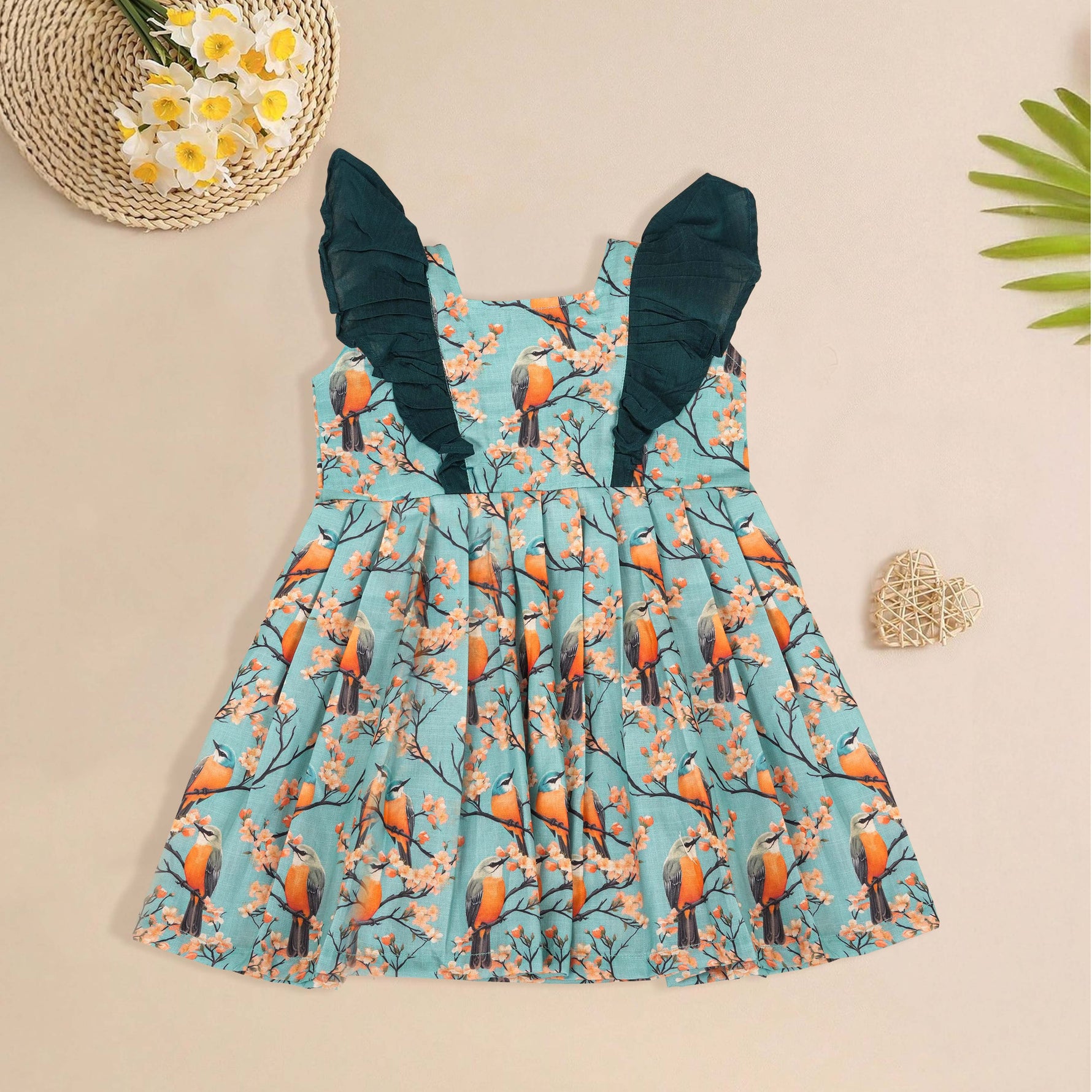 Girls front ruffle frill frock in digital printed slub cotton (1–4Y). Bird & floral print with frill detailing – stylish, breathable & comfy.