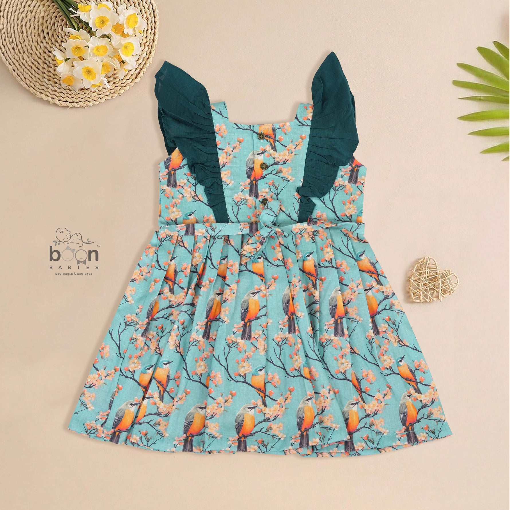 Girls front ruffle frill frock in digital printed slub cotton (1–4Y). Bird & floral print with frill detailing – stylish, breathable & comfy.