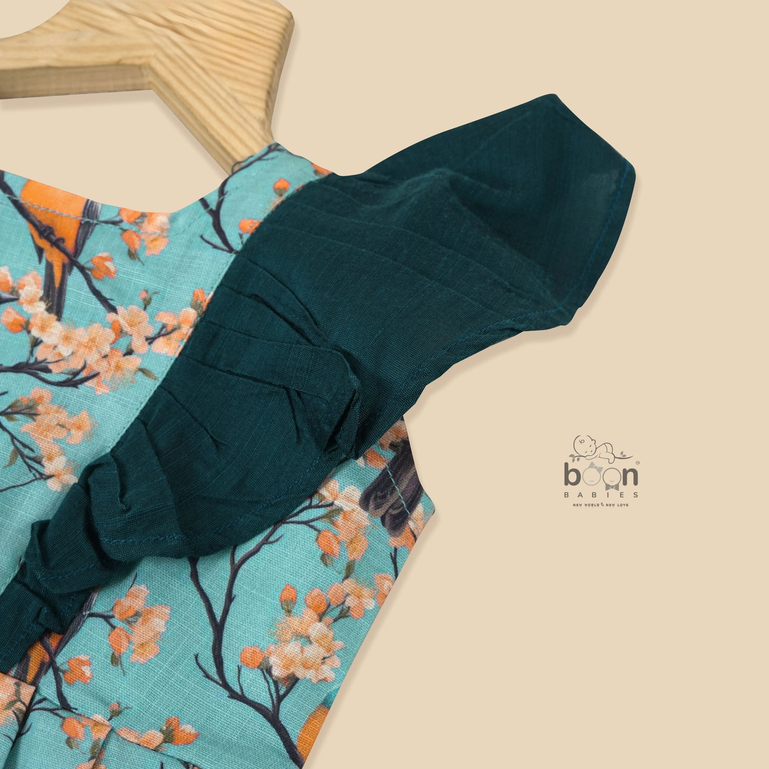 Girls front ruffle frill frock in digital printed slub cotton (1–4Y). Bird & floral print with frill detailing – stylish, breathable & comfy.