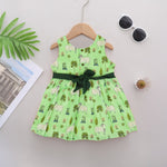 Cute sleeveless cotton frock in green with deer & floral prints. Ages 1–4 years. Soft, breathable & perfect for festive and casual looks.