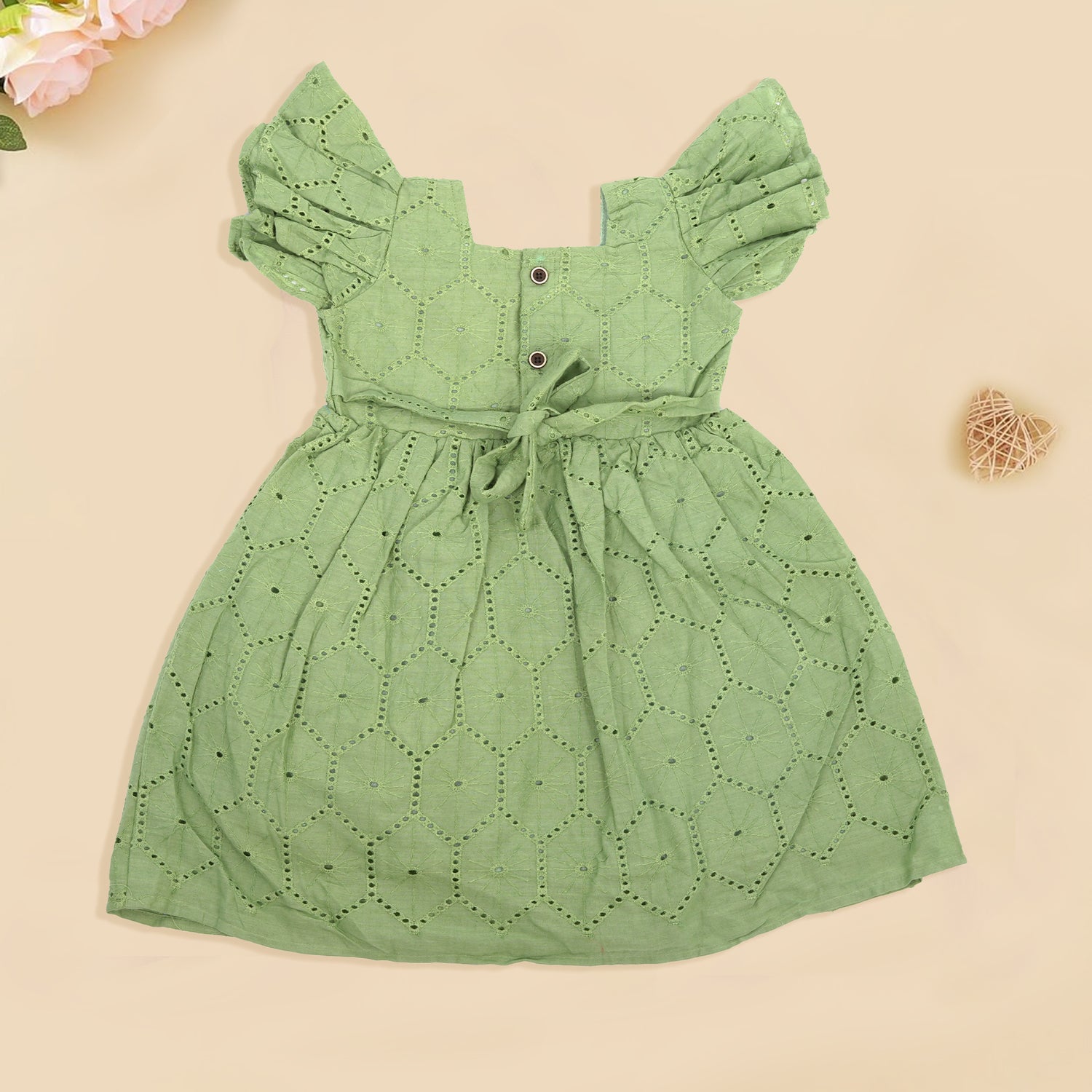 Stylish Green Hakoba Frock with Bow Detail for Girls