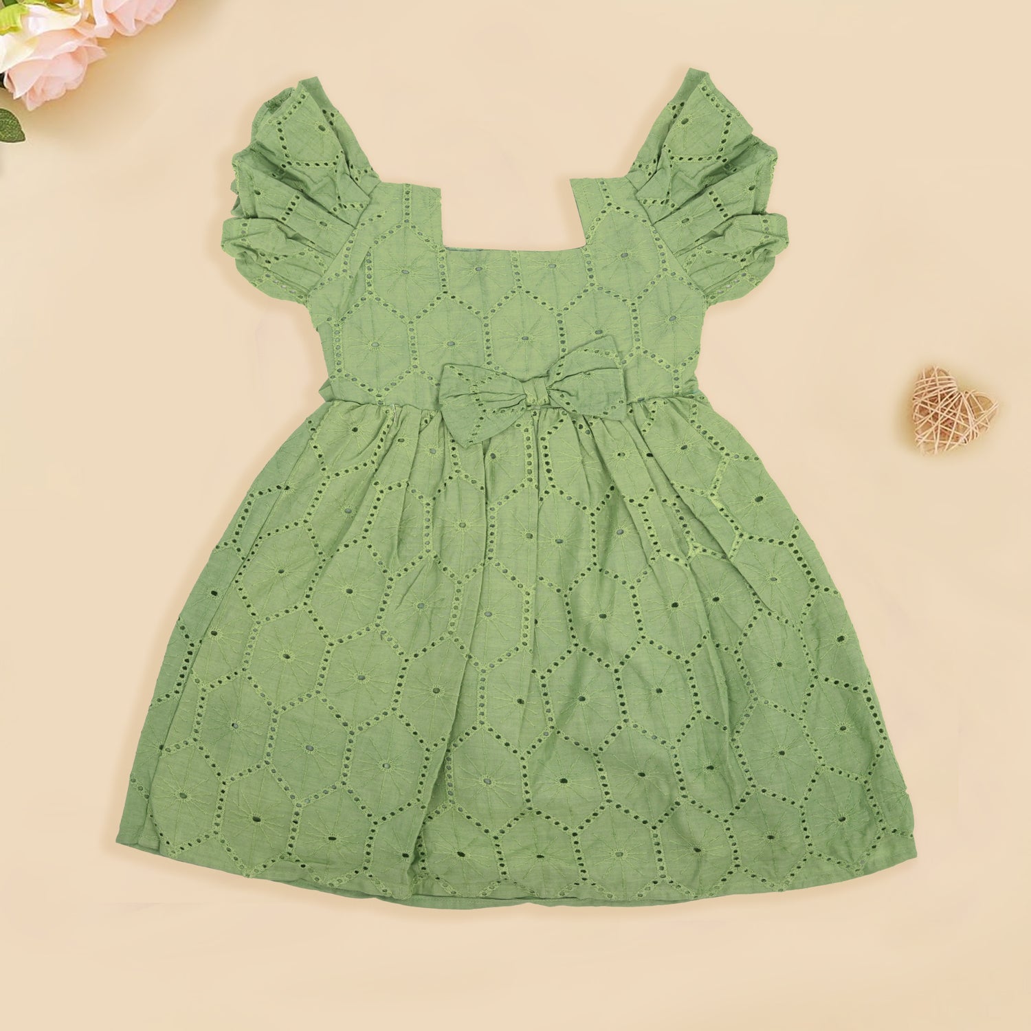 Stylish Green Hakoba Frock with Bow Detail for Girls